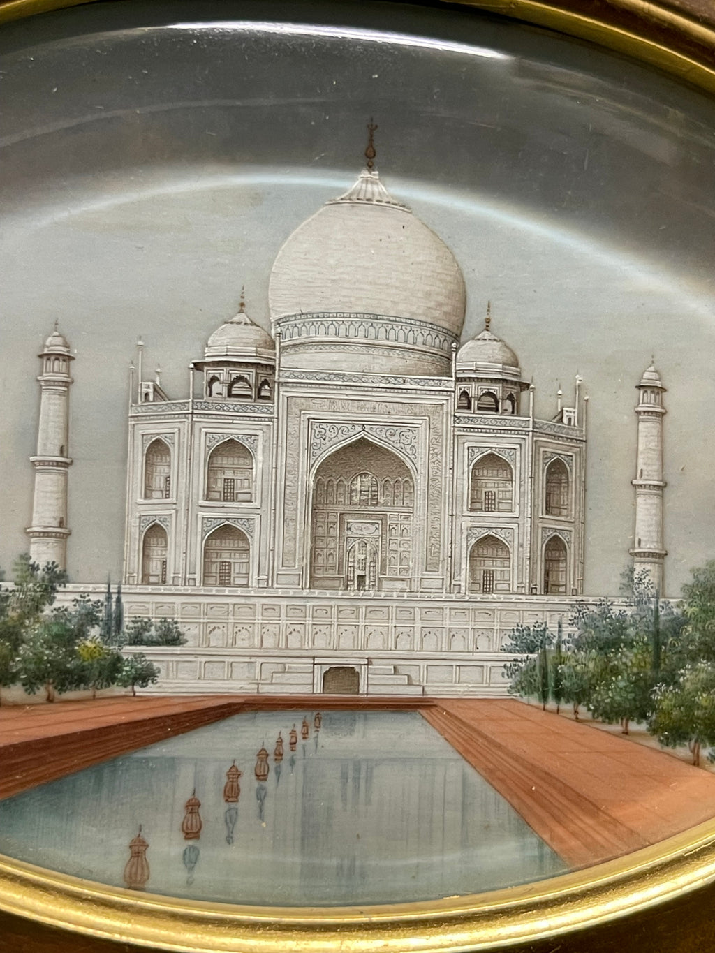 An Oval Watercolor Miniature Painting of The Taj Mahal