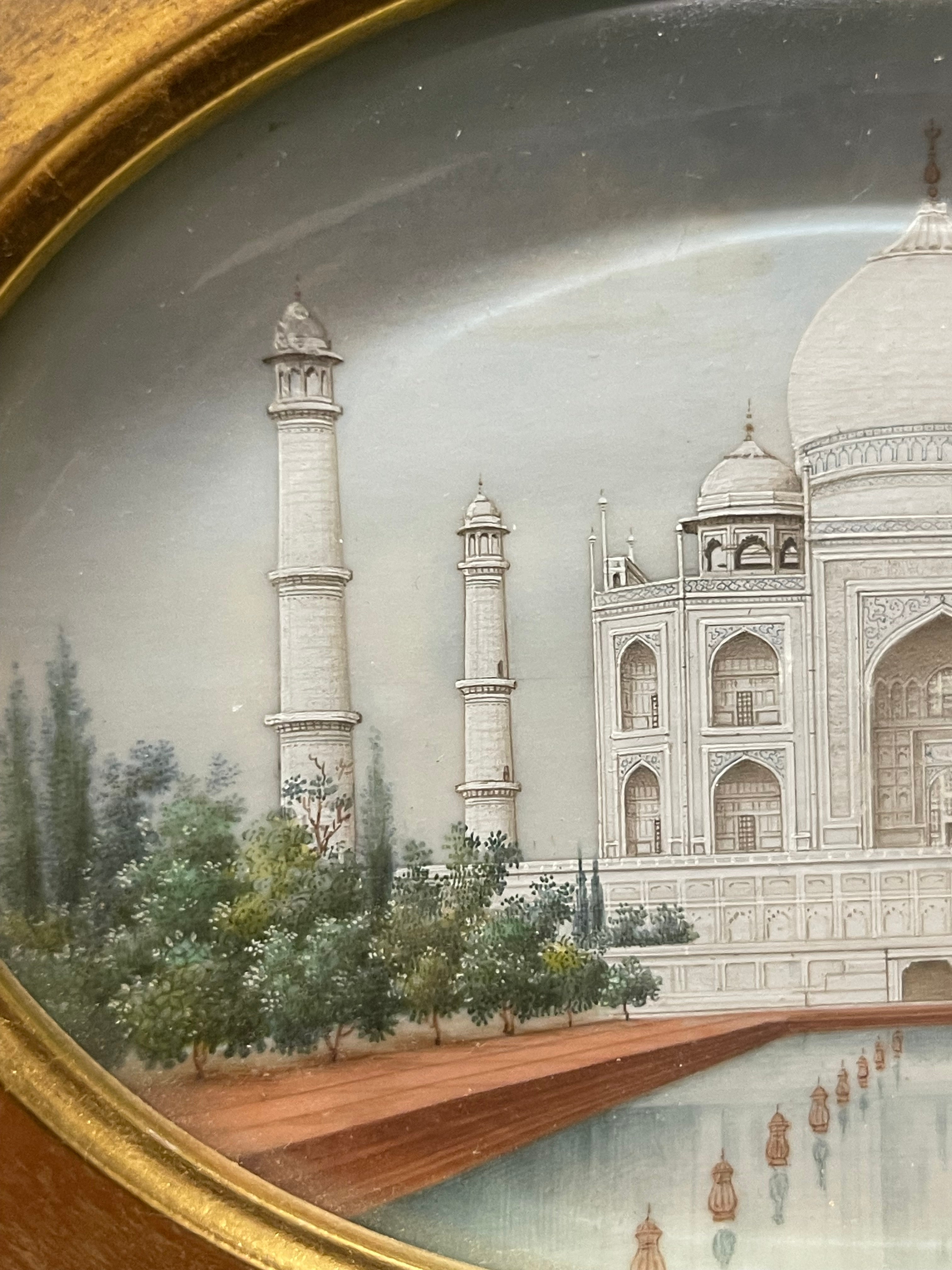 An Oval Watercolor Miniature Painting of The Taj Mahal