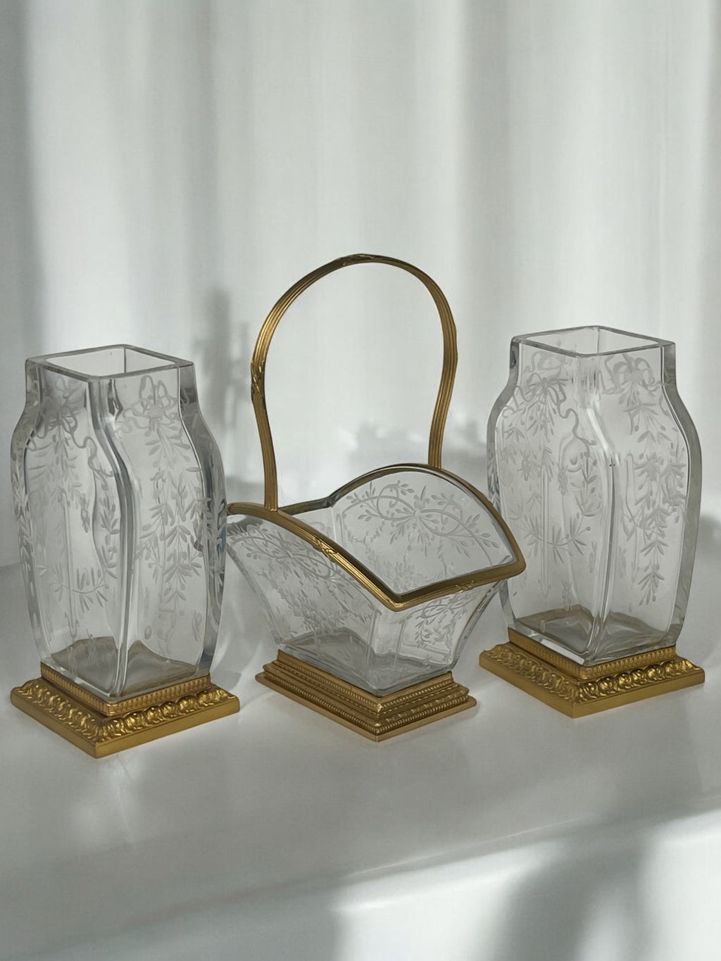 19th Century Baccarat Hand Carved Ormolu Mounted Garniture Set