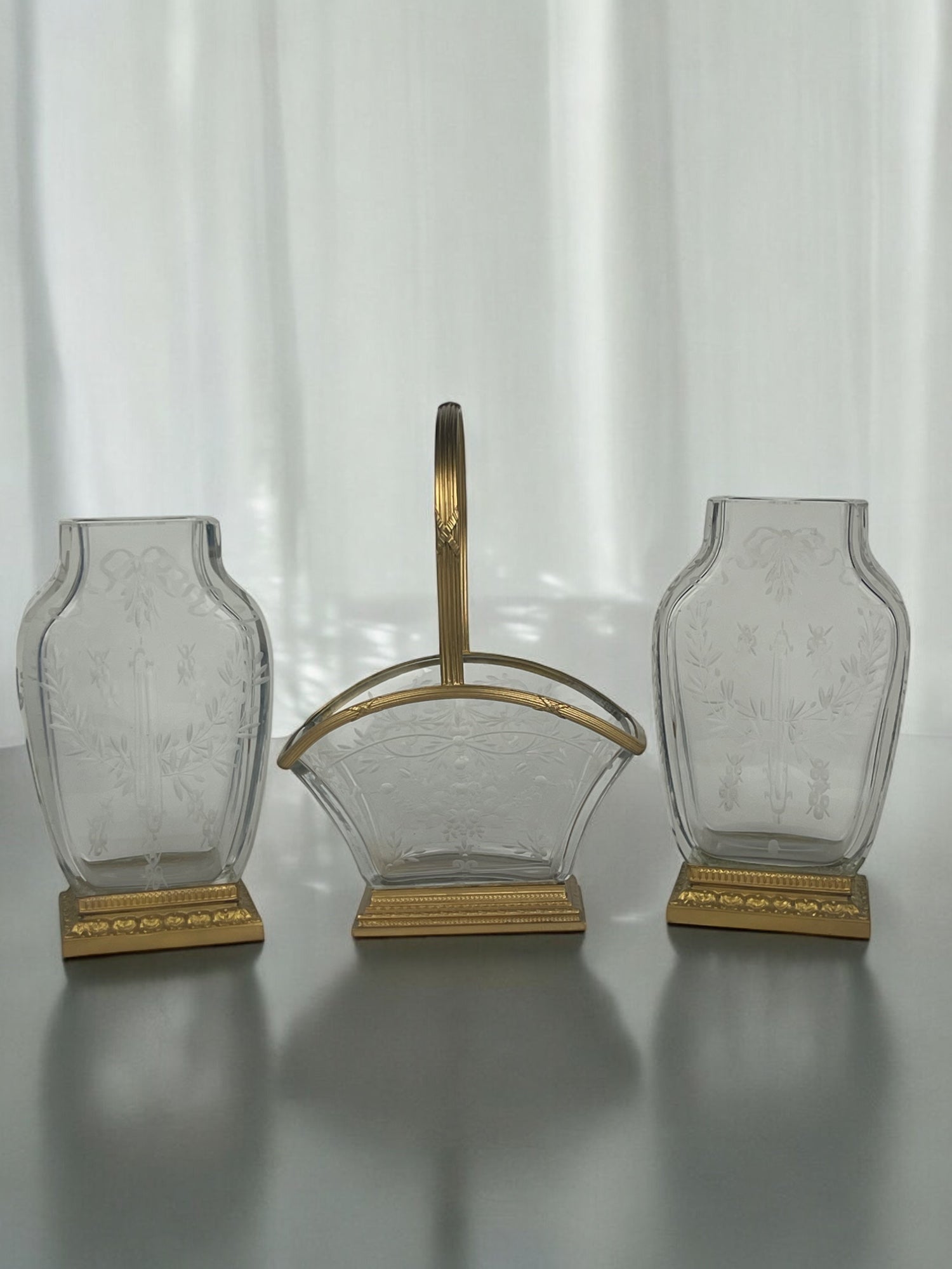 19th Century Baccarat Hand Carved Ormolu Mounted Garniture Set