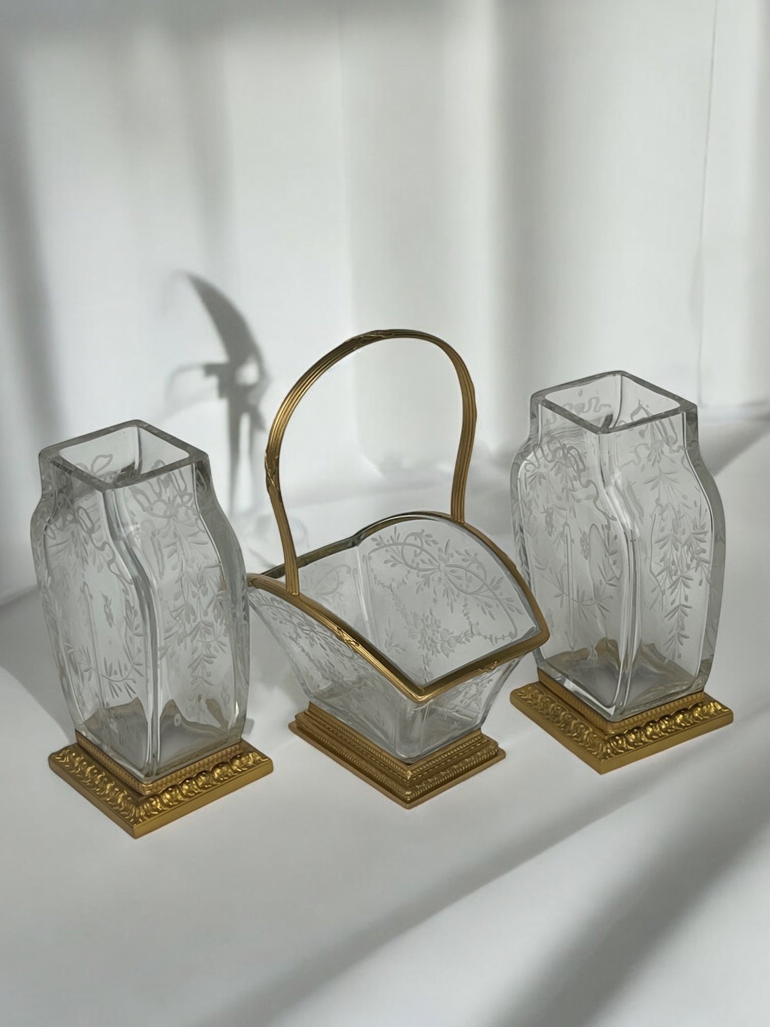 19th Century Baccarat Hand Carved Ormolu Mounted Garniture Set