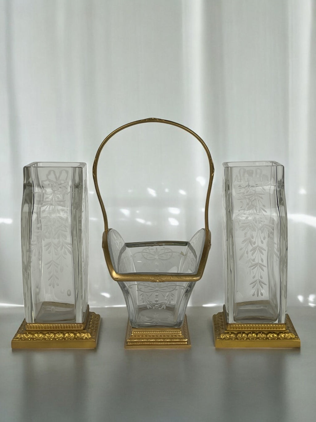 19th Century Baccarat Hand Carved Ormolu Mounted Garniture Set
