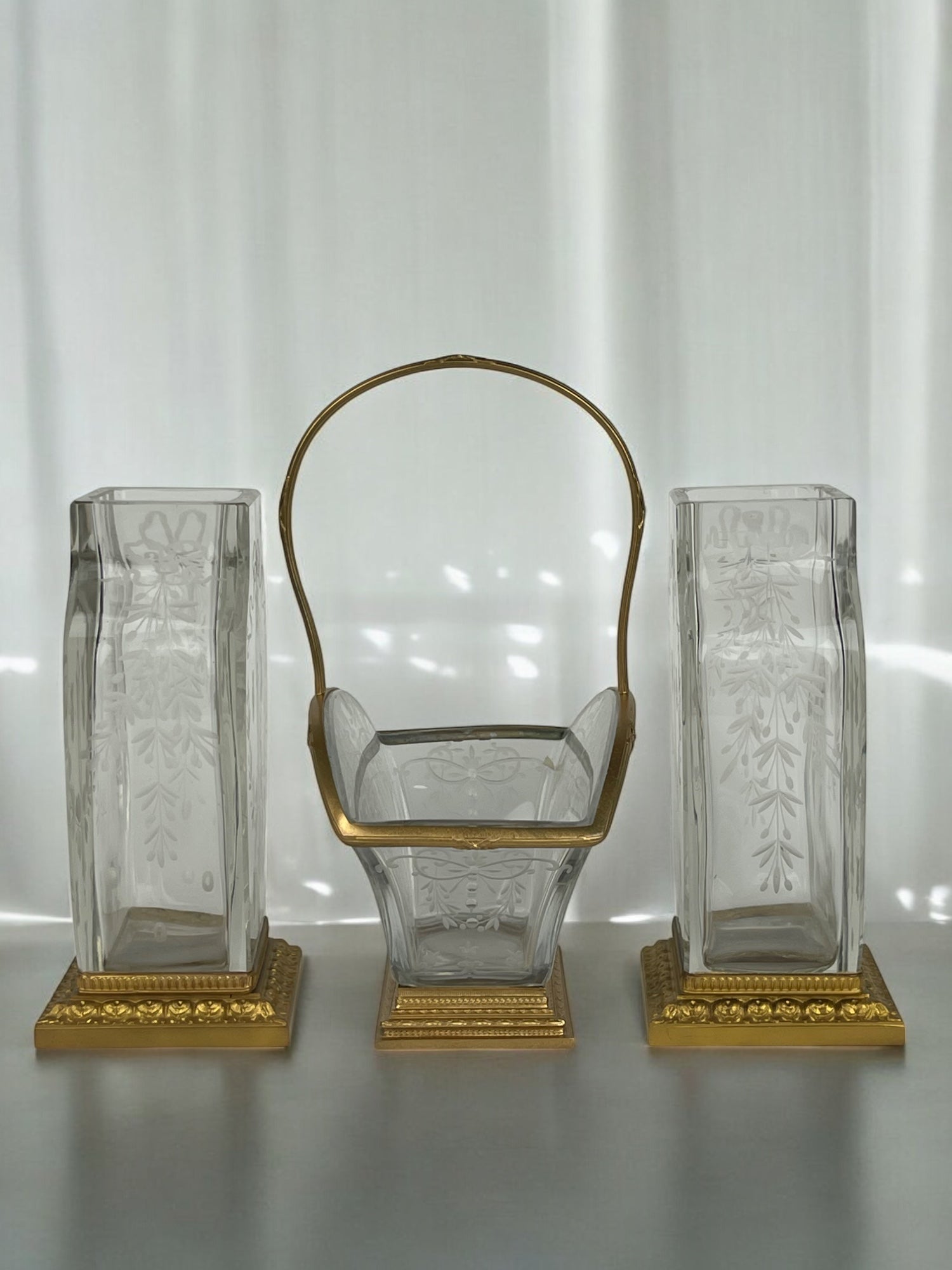 19th Century Baccarat Hand Carved Ormolu Mounted Garniture Set