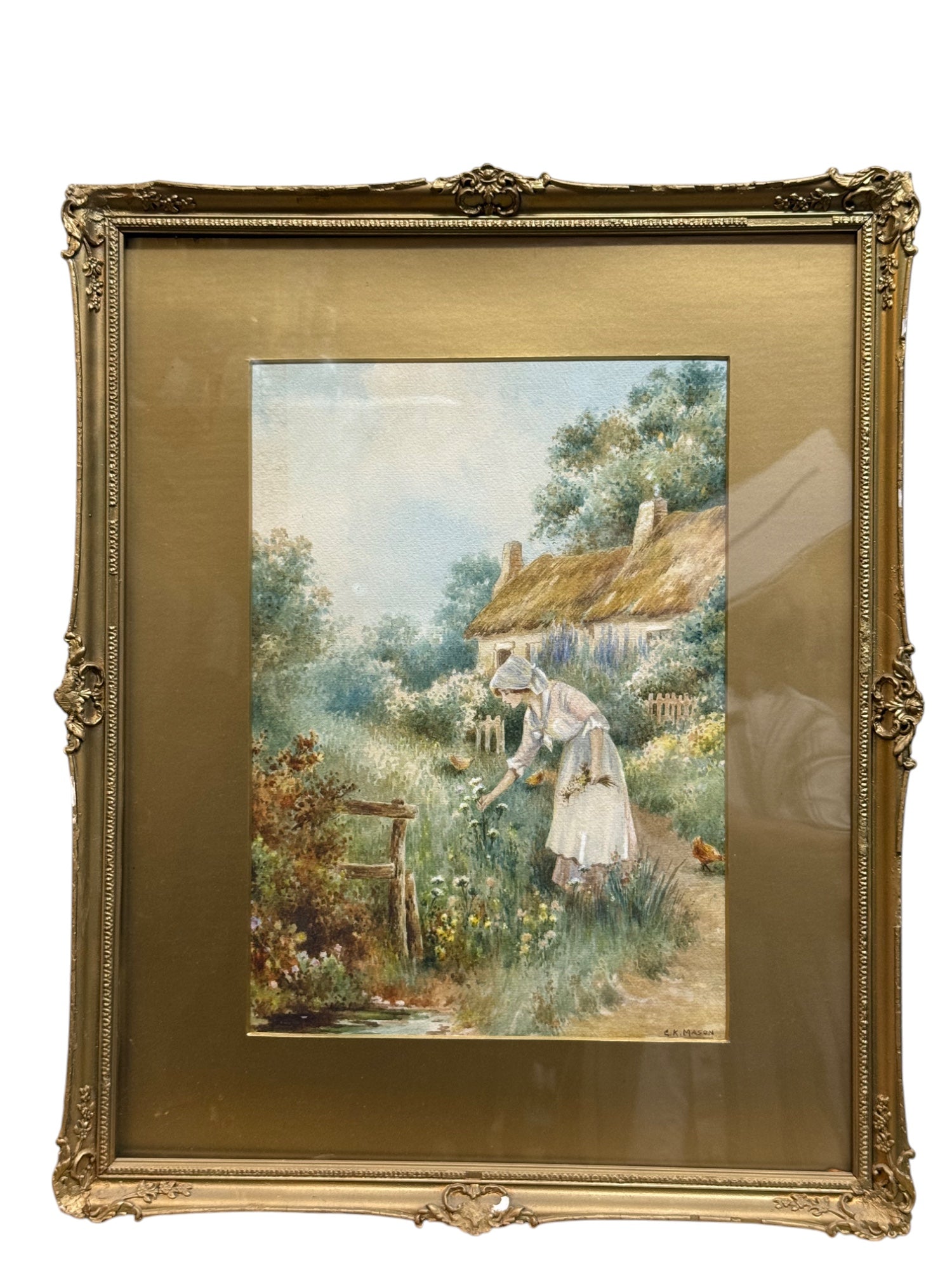 A Watercolor Painting Of A Lady Picking Flowers By Mason