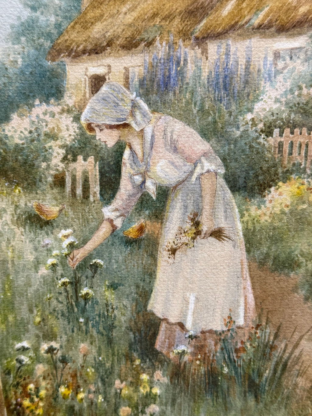 A Watercolor Painting Of A Lady Picking Flowers By Mason