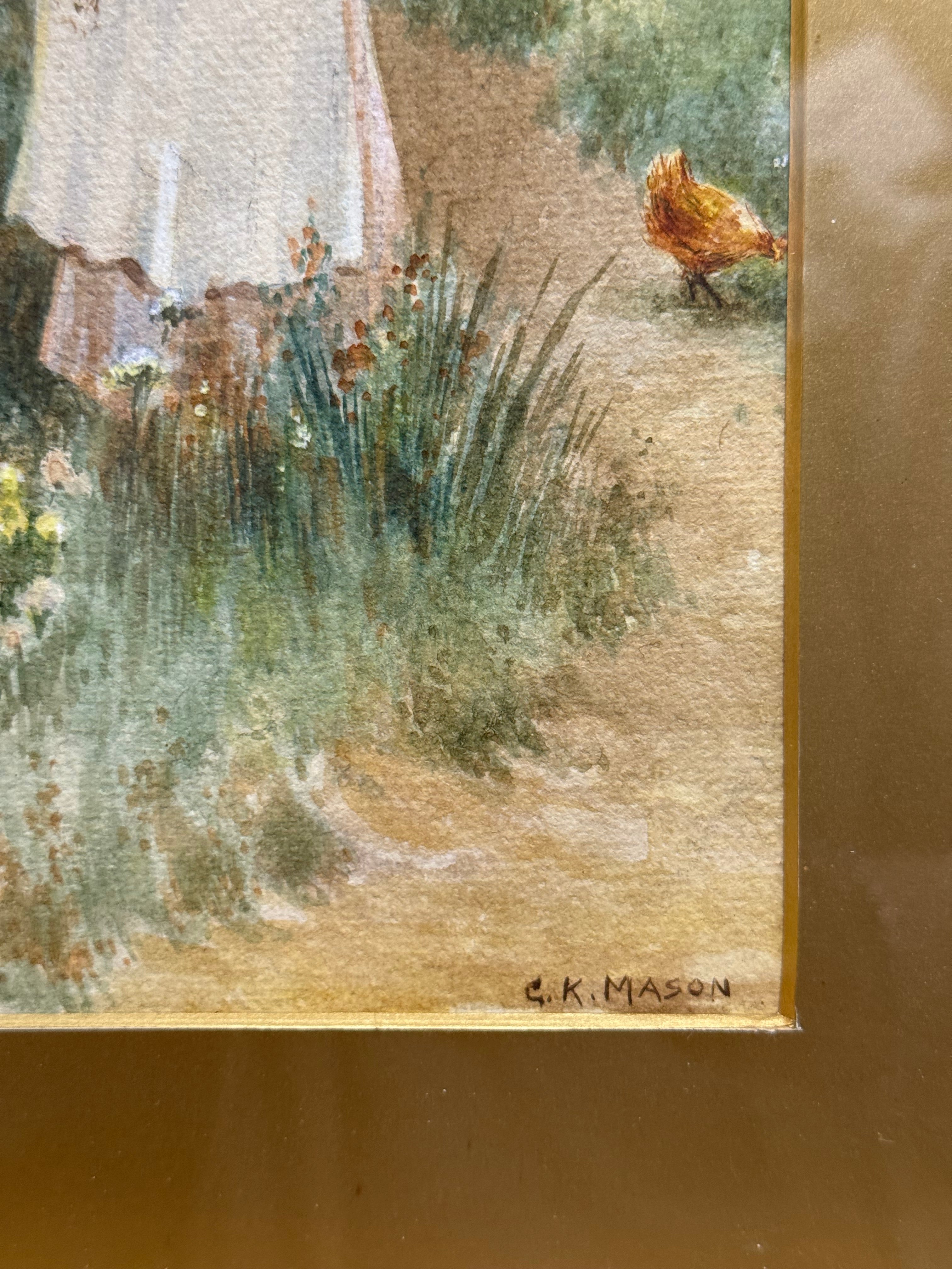 A Watercolor Painting Of A Lady Picking Flowers By Mason