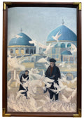 A Very Large Middle Eastern Oil On Canvas Painting Of A Men Feeding Pigeons