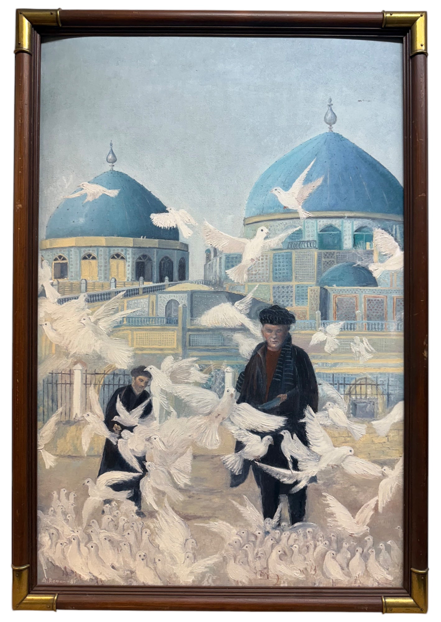 A Very Large Middle Eastern Oil On Canvas Painting Of A Men Feeding Pigeons