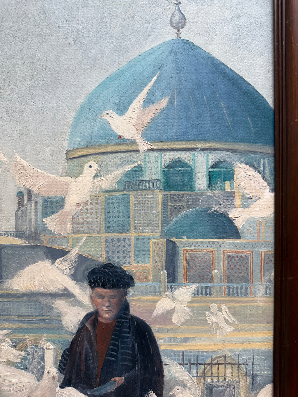 A Very Large Middle Eastern Oil On Canvas Painting Of A Men Feeding Pigeons