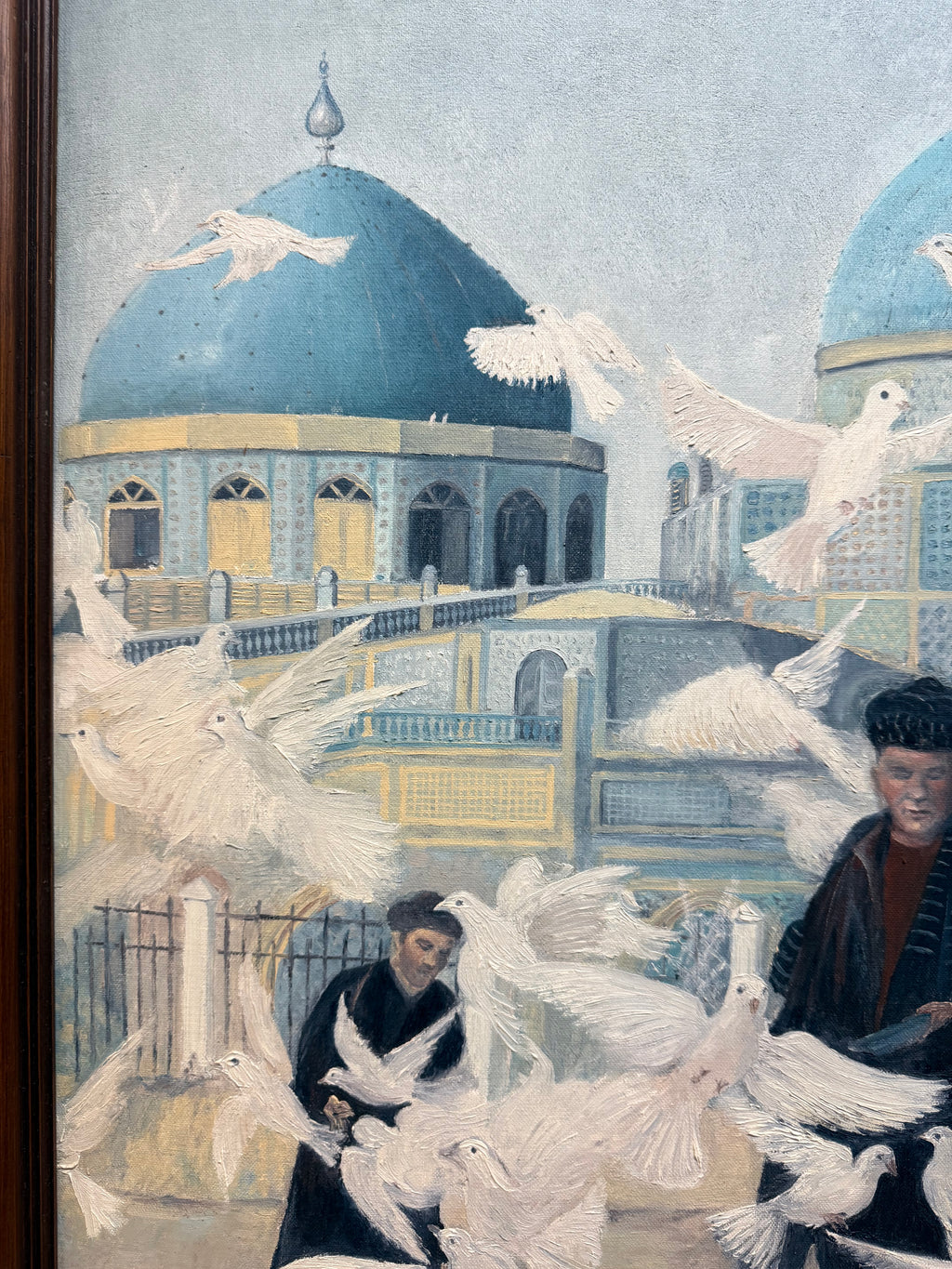 A Very Large Middle Eastern Oil On Canvas Painting Of A Men Feeding Pigeons