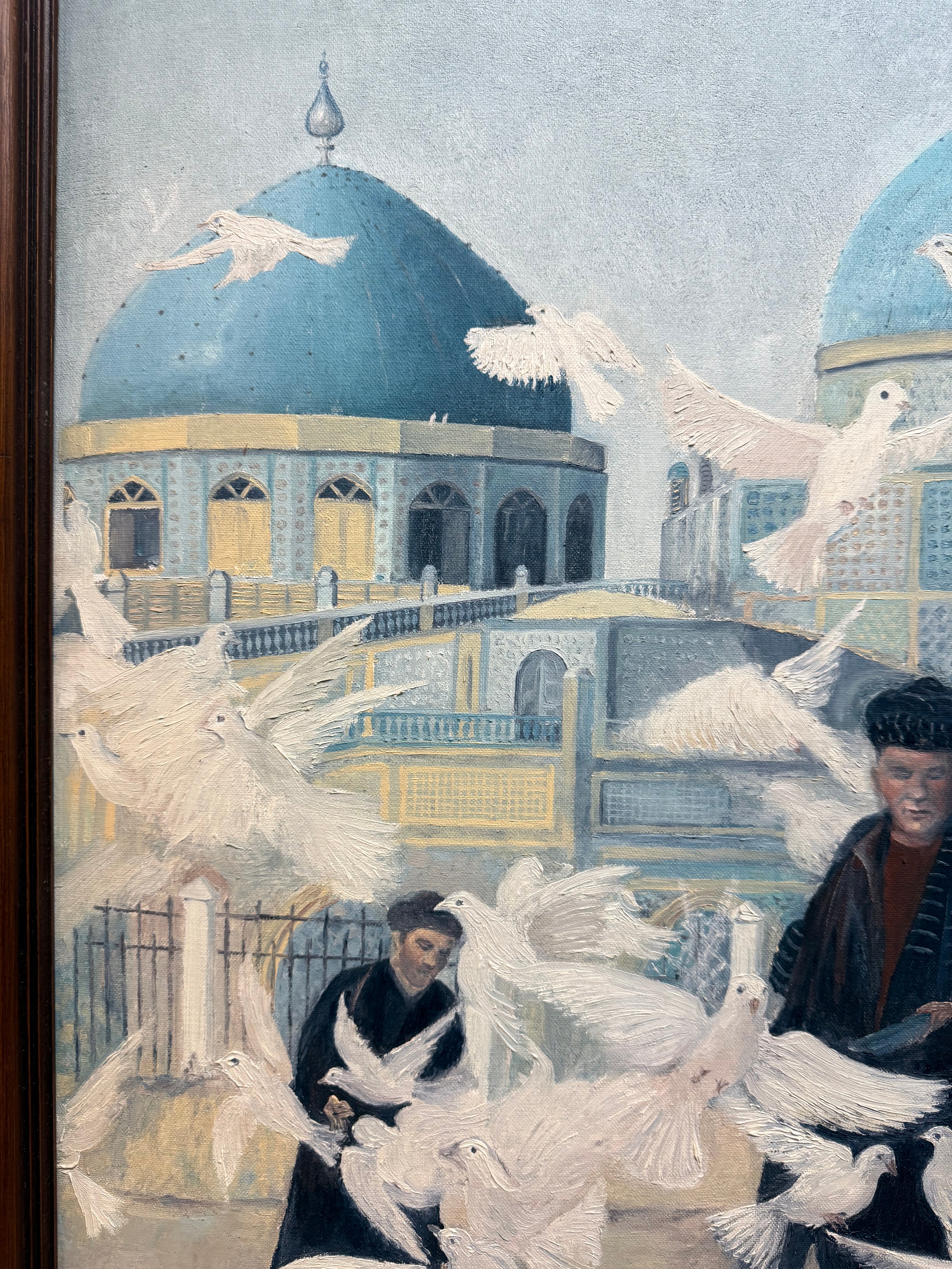 A Very Large Middle Eastern Oil On Canvas Painting Of A Men Feeding Pigeons