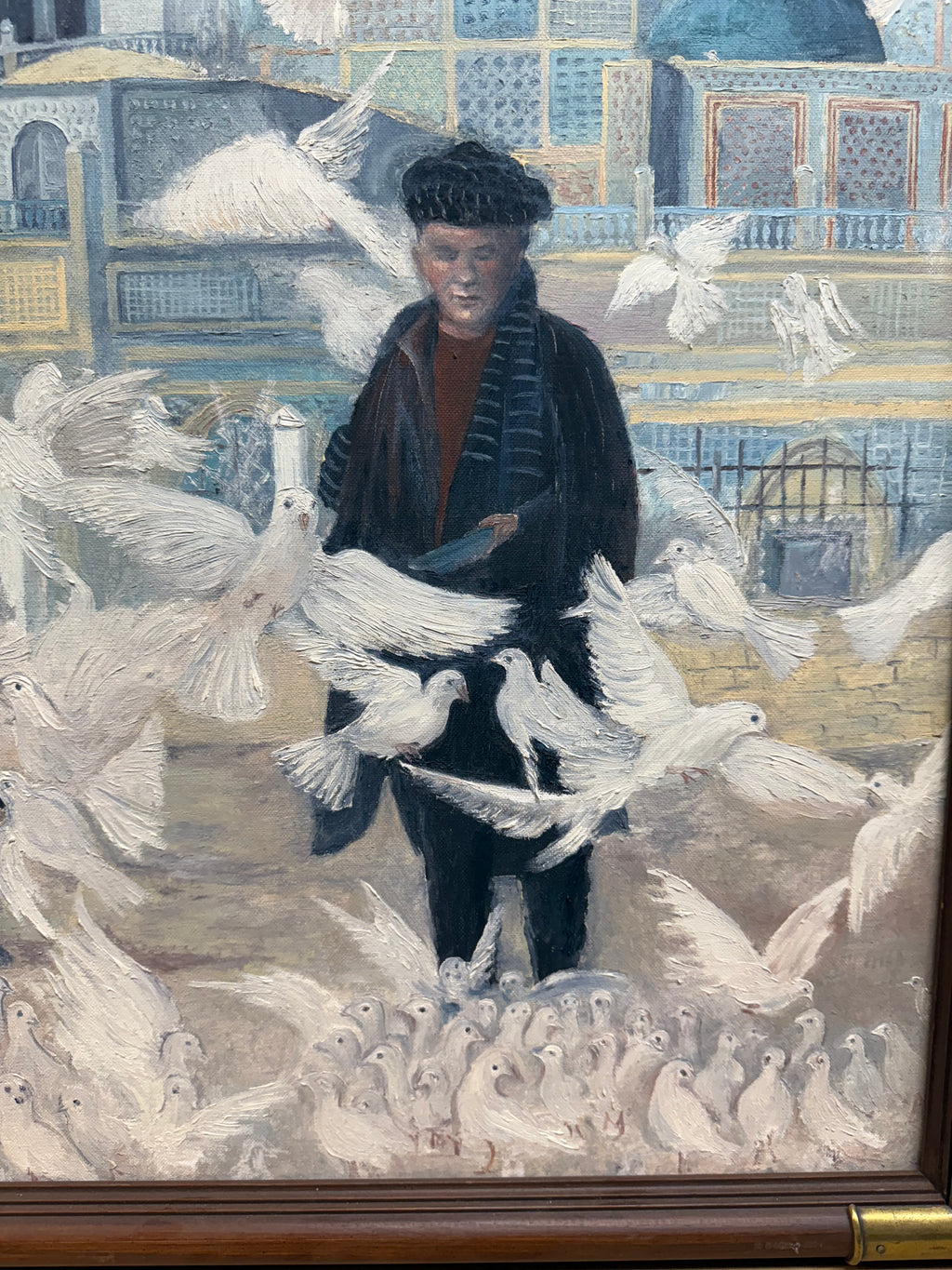 A Very Large Middle Eastern Oil On Canvas Painting Of A Men Feeding Pigeons