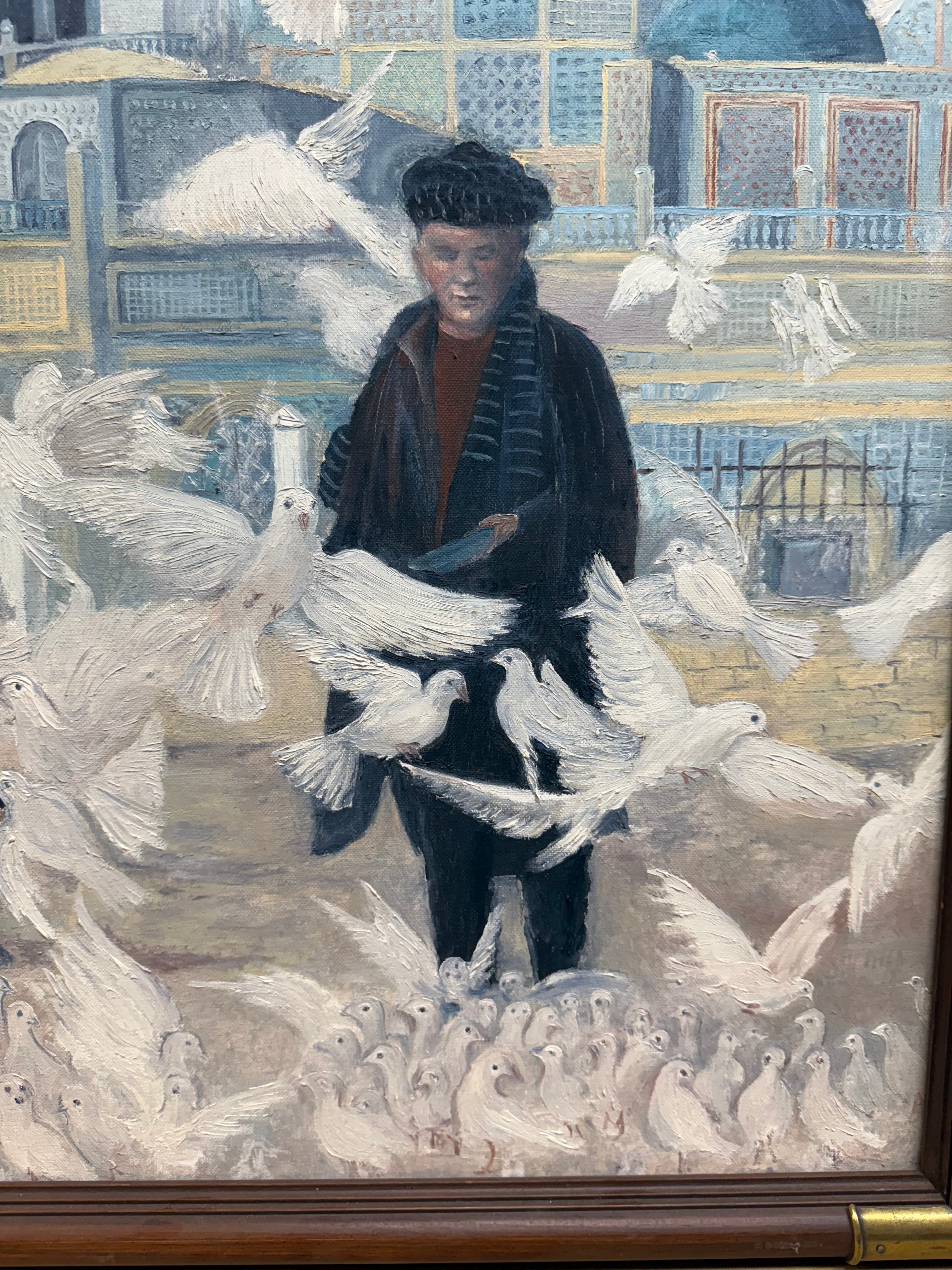 A Very Large Middle Eastern Oil On Canvas Painting Of A Men Feeding Pigeons