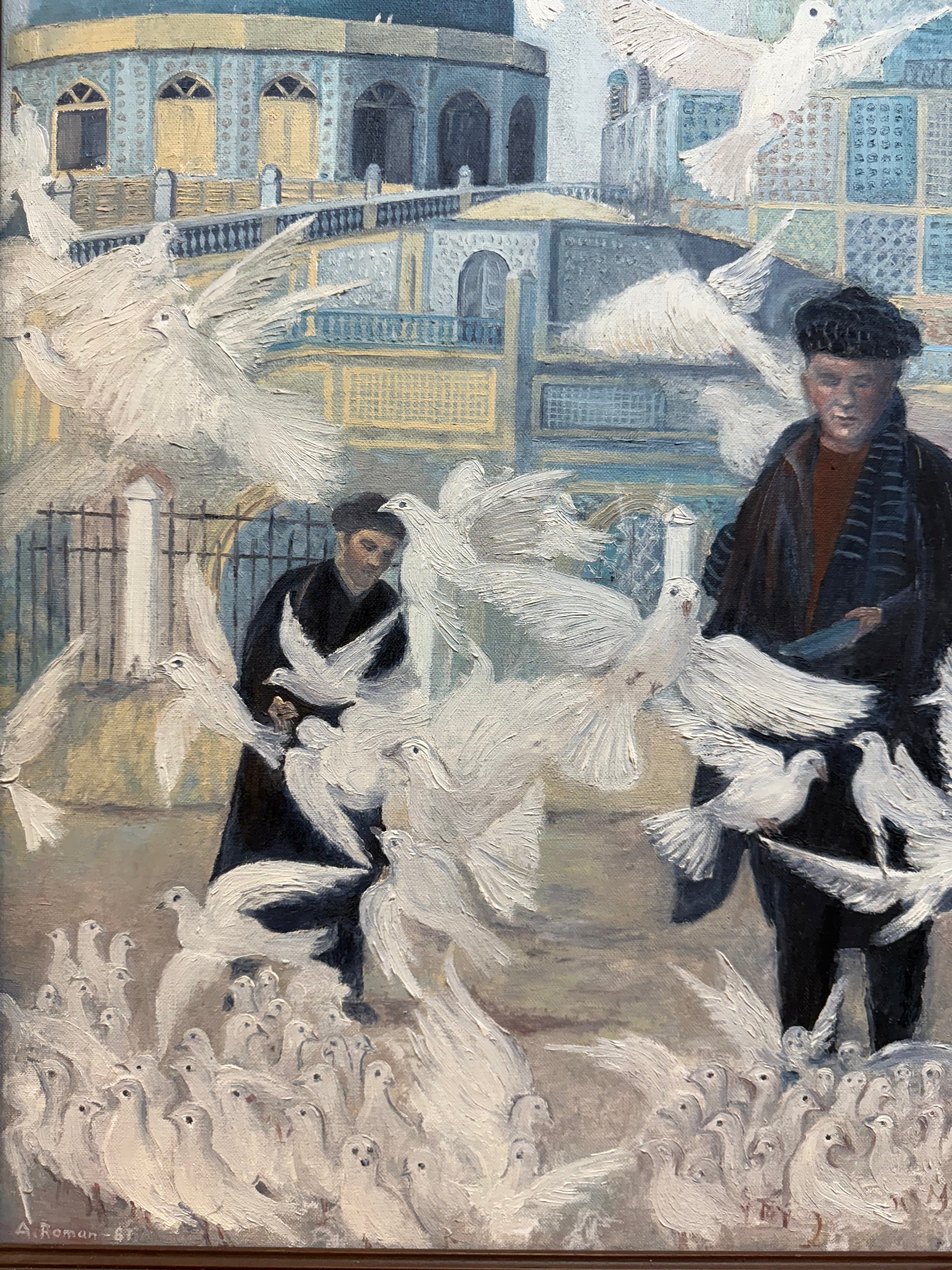 A Very Large Middle Eastern Oil On Canvas Painting Of A Men Feeding Pigeons