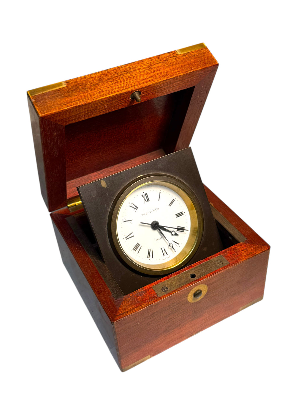 A Tiffany & Co. Swiss Brass Mounted Mahogany Cased Desk Timepiece