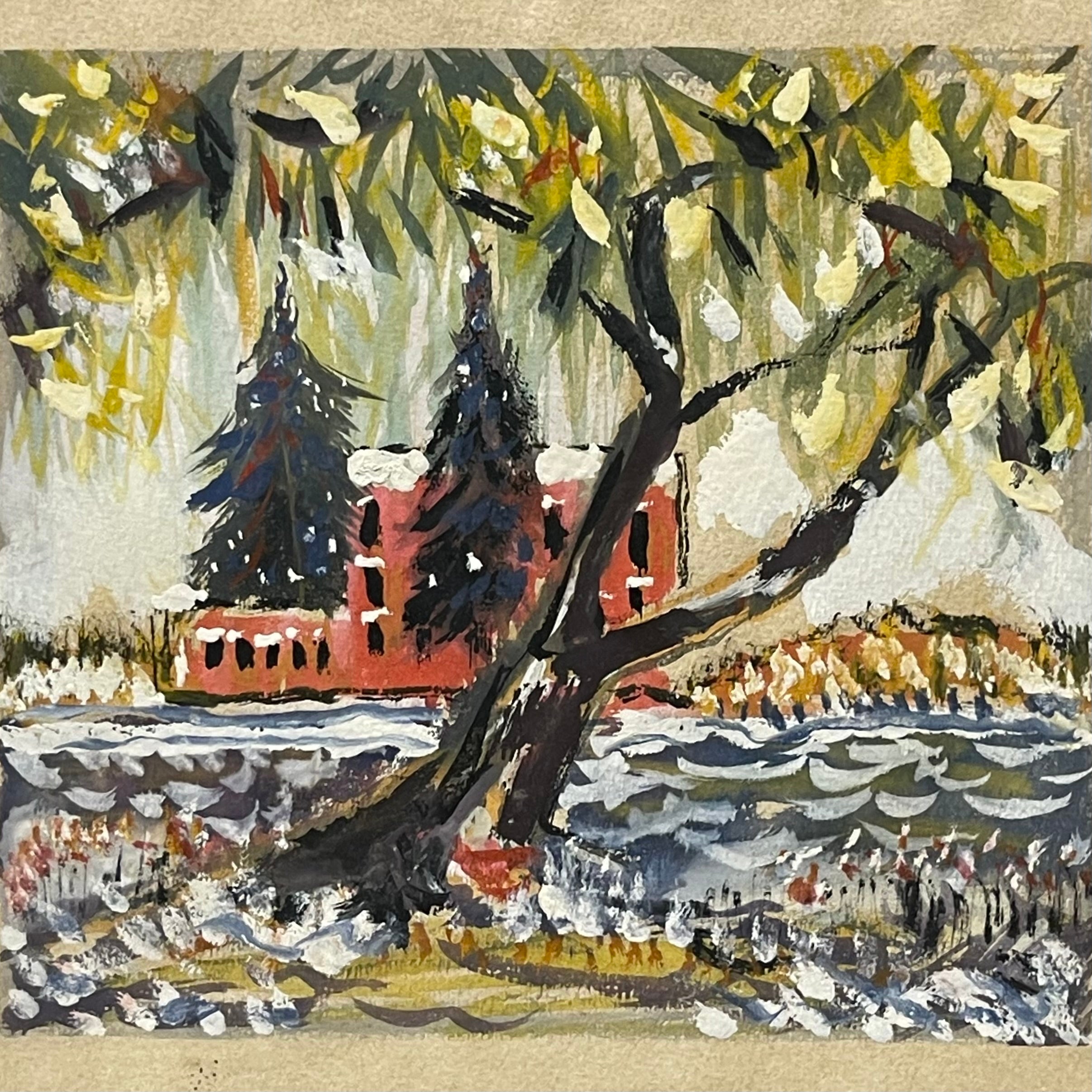 An Impressionist Watercolor on Paper Painting of a Landscape