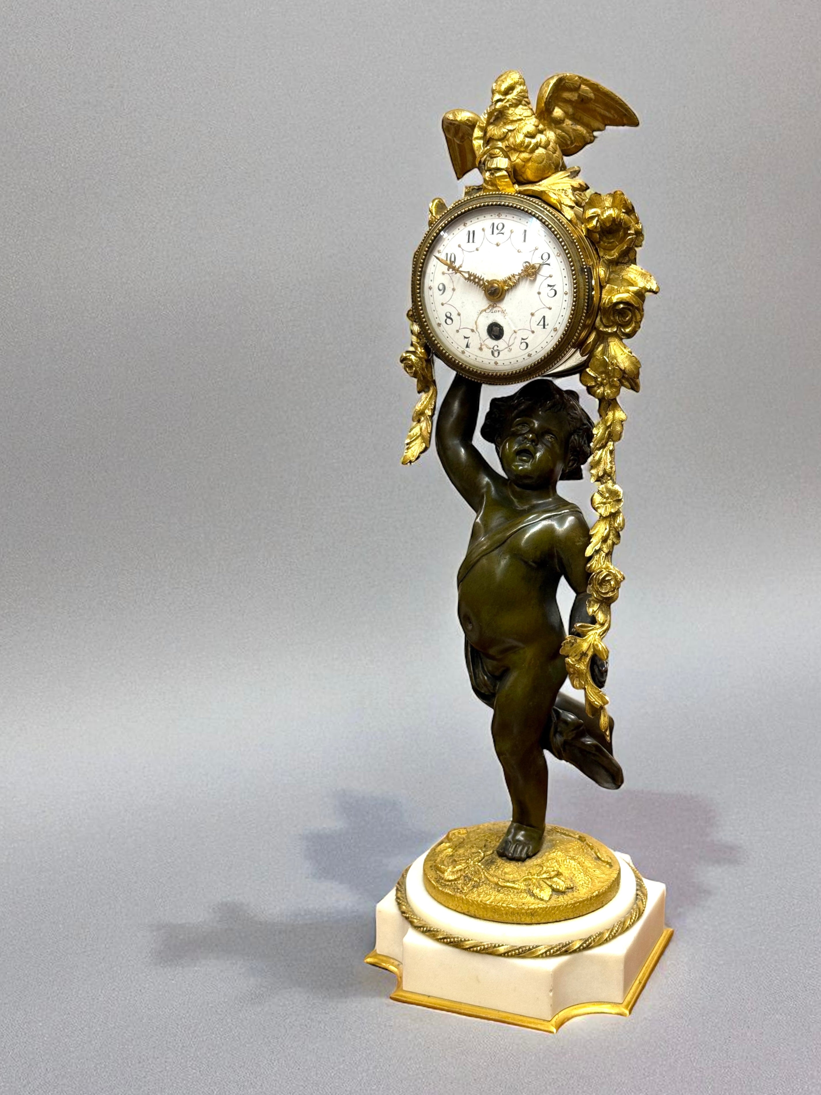 19th Century French Gilt Patinated Bronze Clock Mounted On Marble