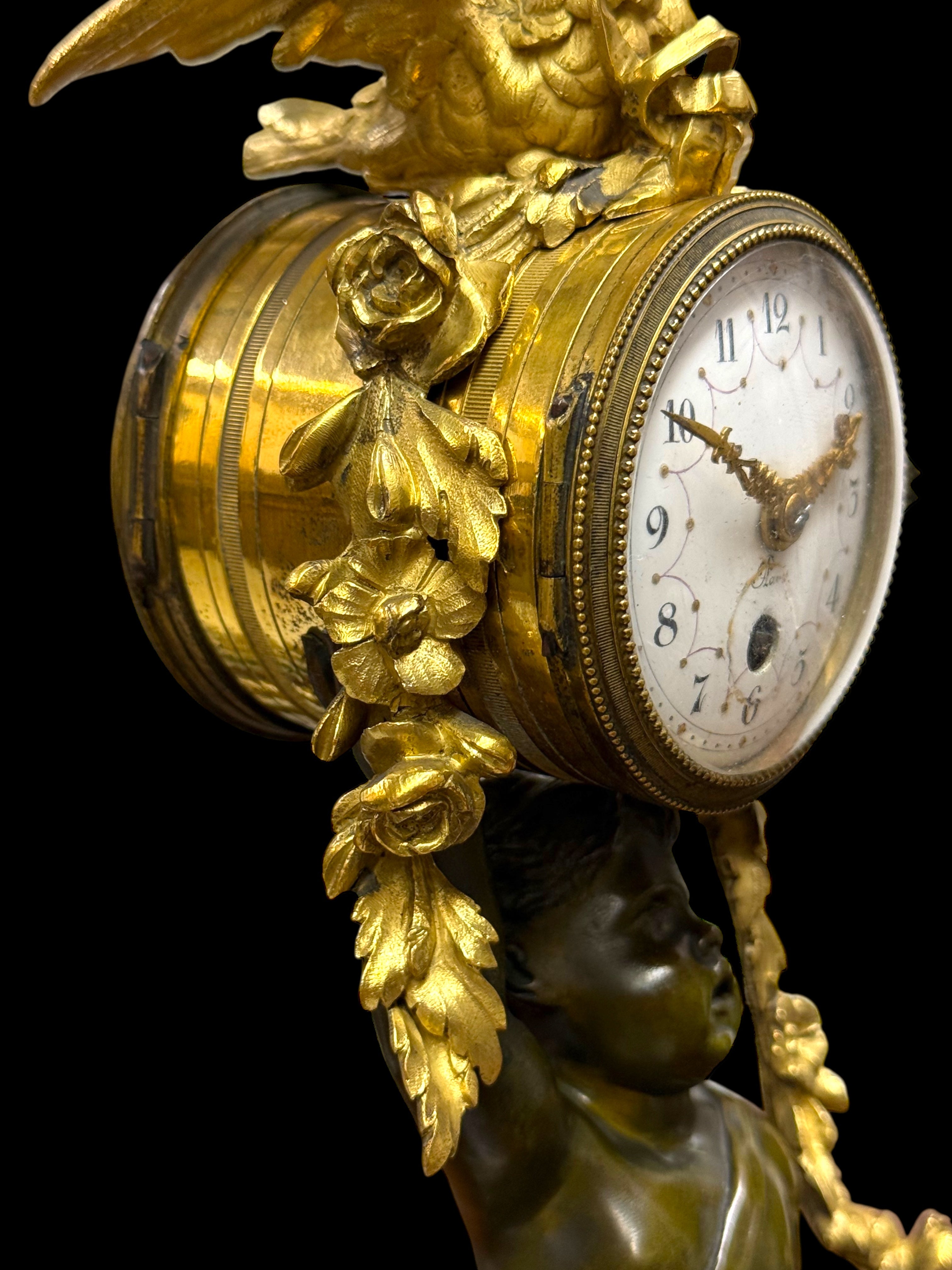 19th Century French Gilt Patinated Bronze Clock Mounted On Marble
