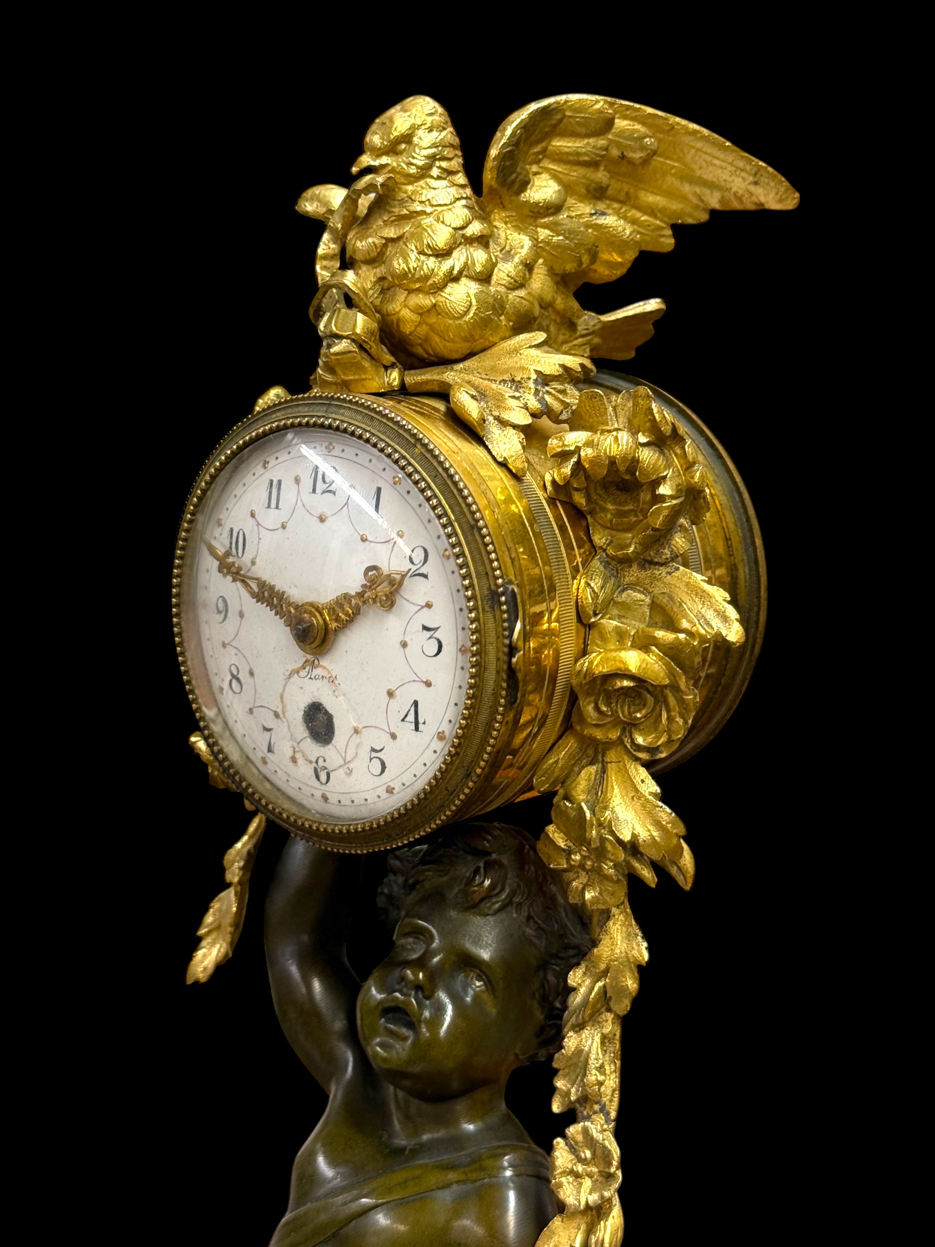19th Century French Gilt Patinated Bronze Clock Mounted On Marble