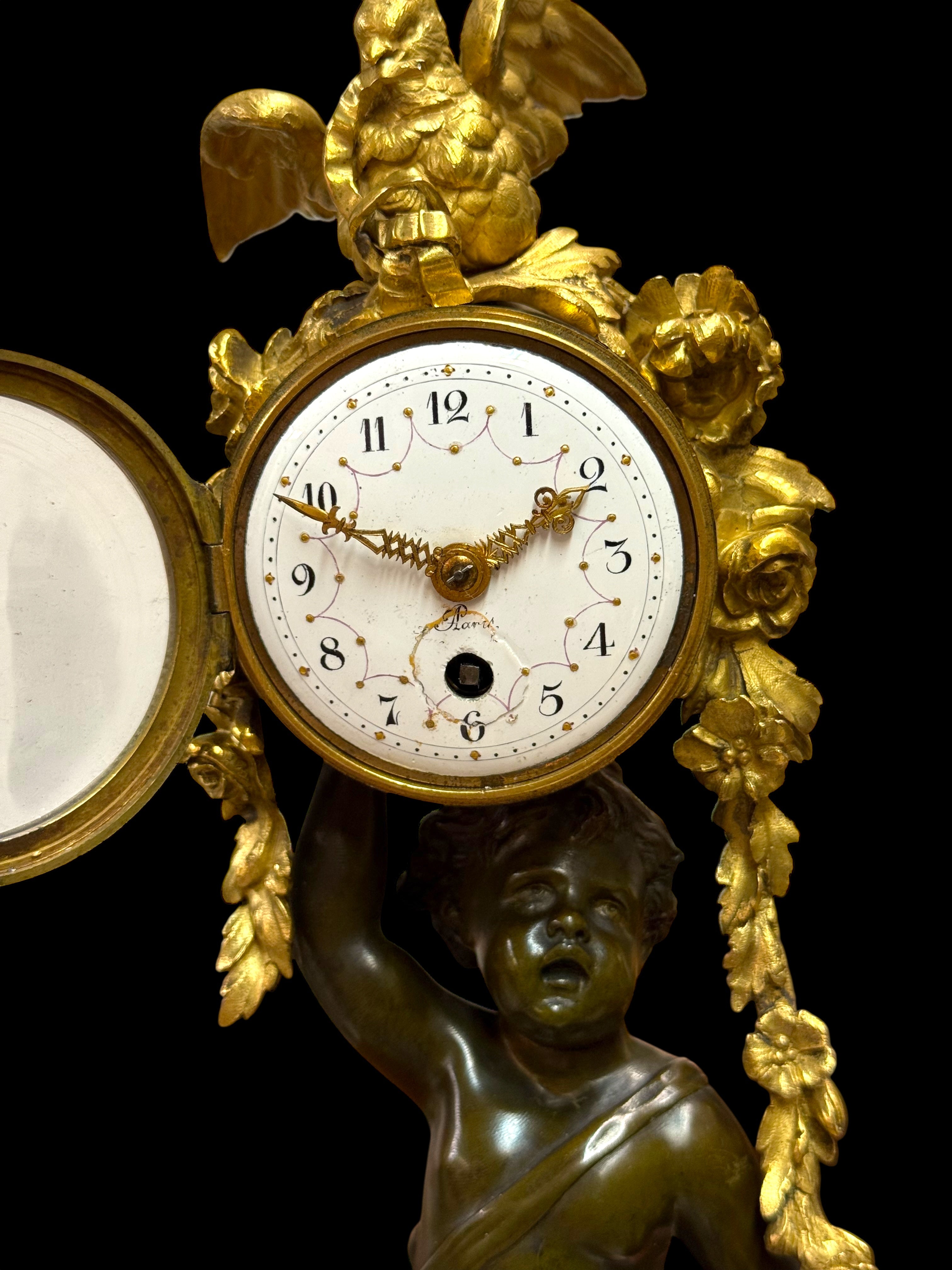 19th Century French Gilt Patinated Bronze Clock Mounted On Marble