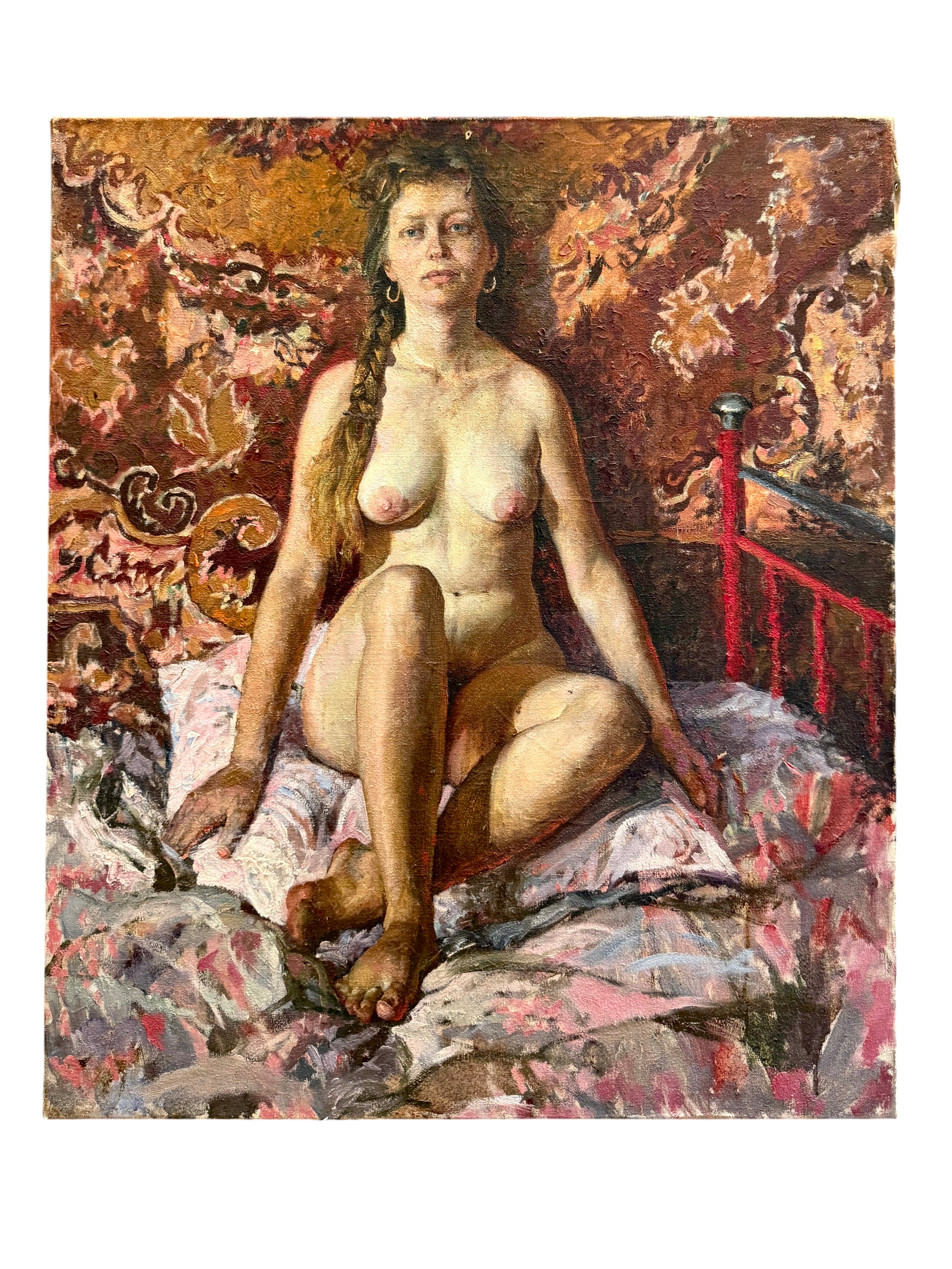 An Oil On Canvas Painting Of a Seated Nude on a Patterned Bed by Viktor Lyapkalo