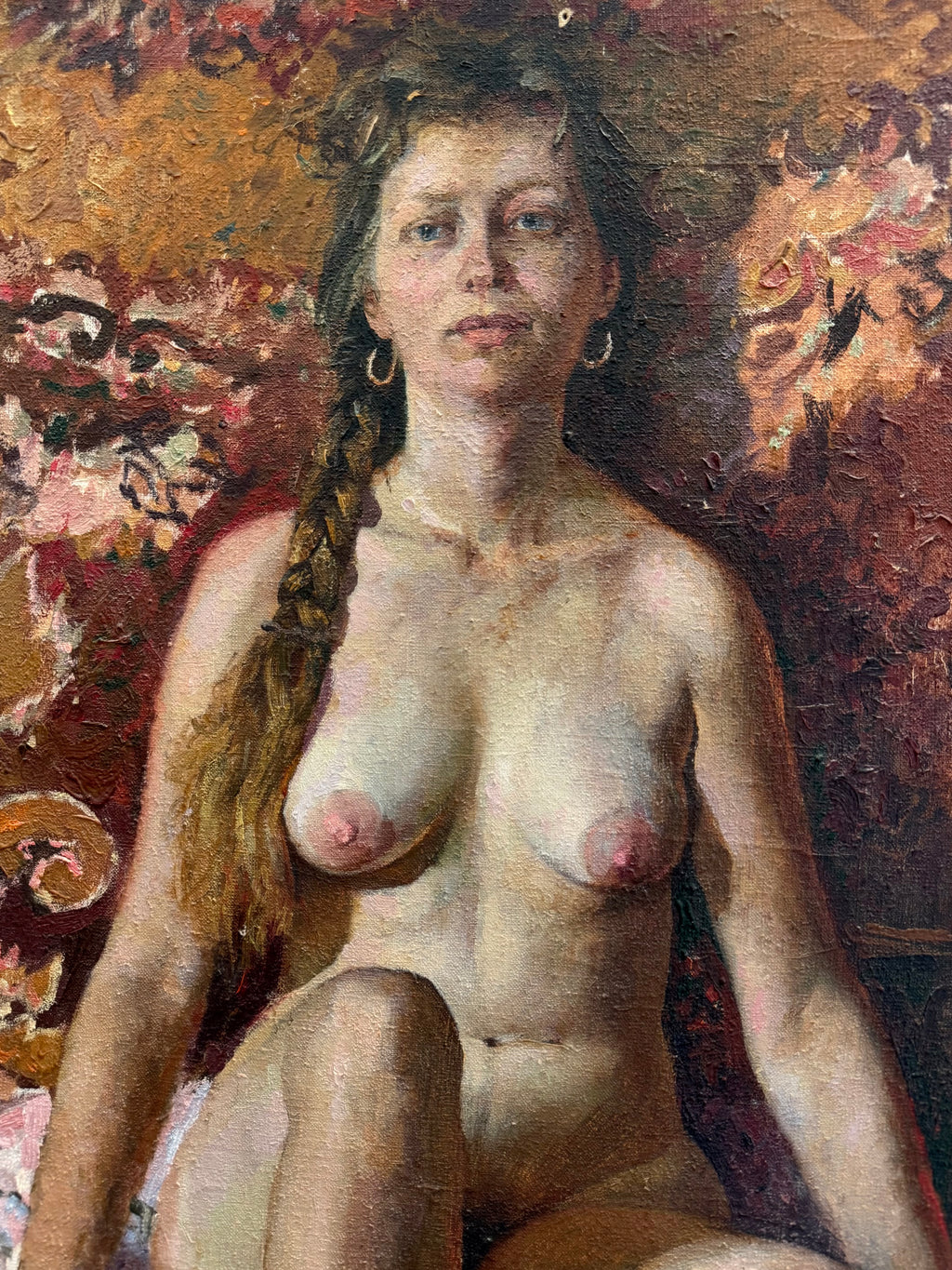 An Oil On Canvas Painting Of a Seated Nude on a Patterned Bed by Viktor Lyapkalo