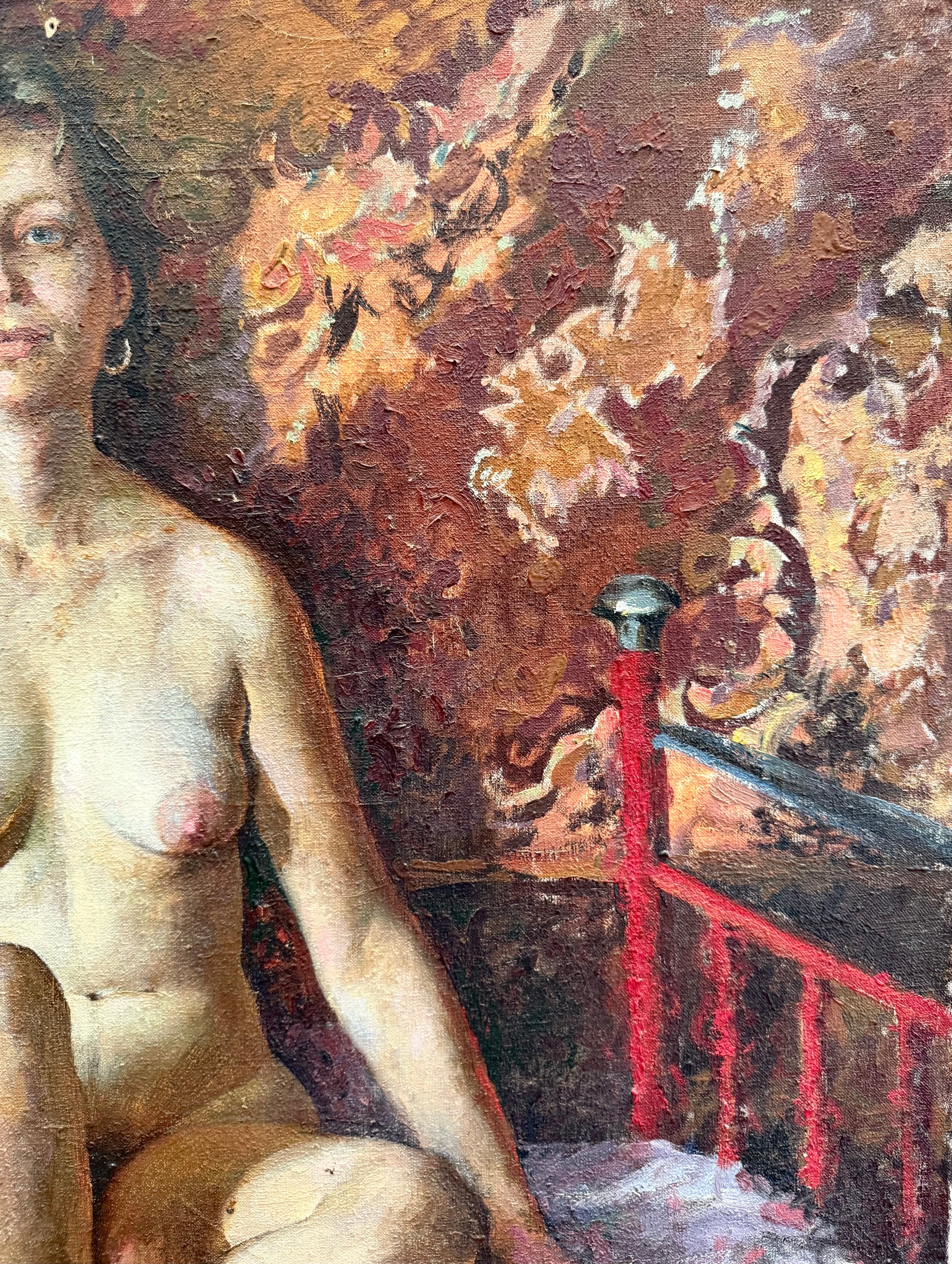 An Oil On Canvas Painting Of a Seated Nude on a Patterned Bed by Viktor Lyapkalo