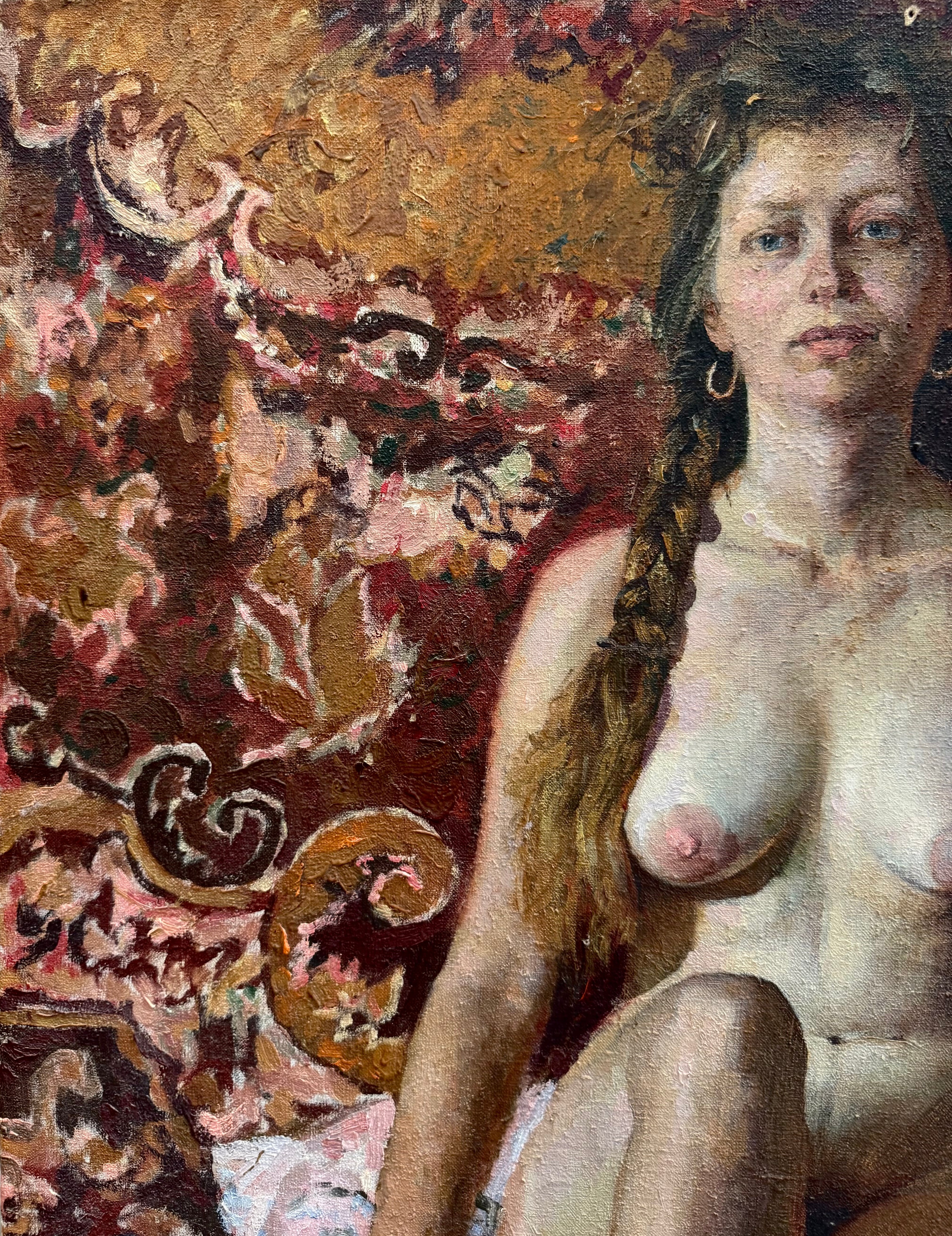 An Oil On Canvas Painting Of a Seated Nude on a Patterned Bed by Viktor Lyapkalo