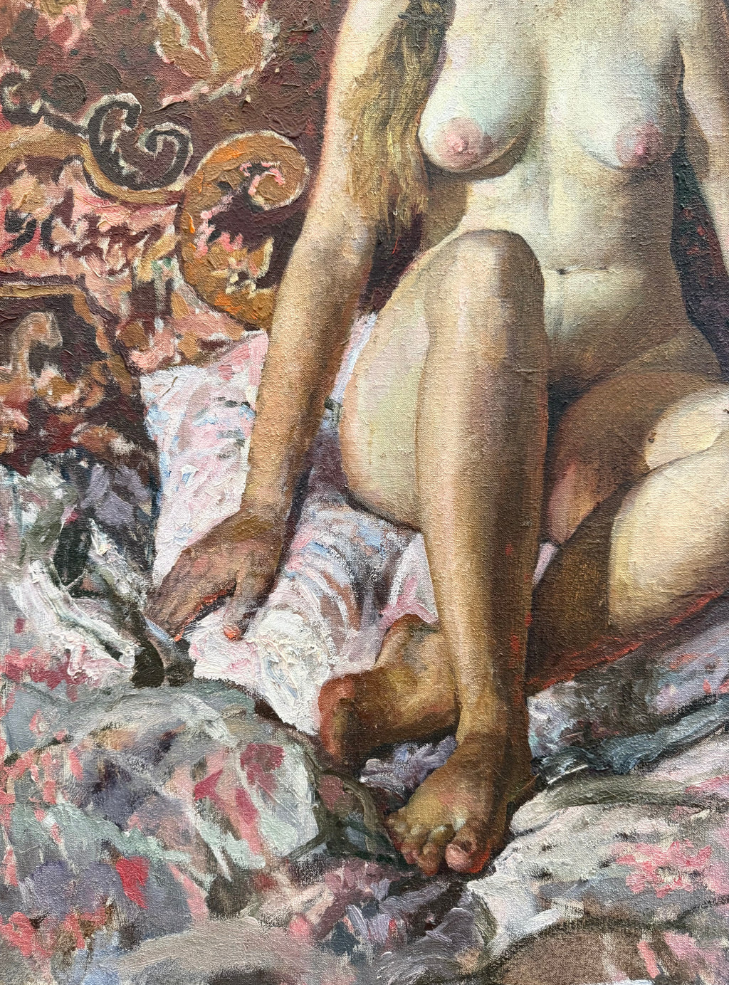 An Oil On Canvas Painting Of a Seated Nude on a Patterned Bed by Viktor Lyapkalo