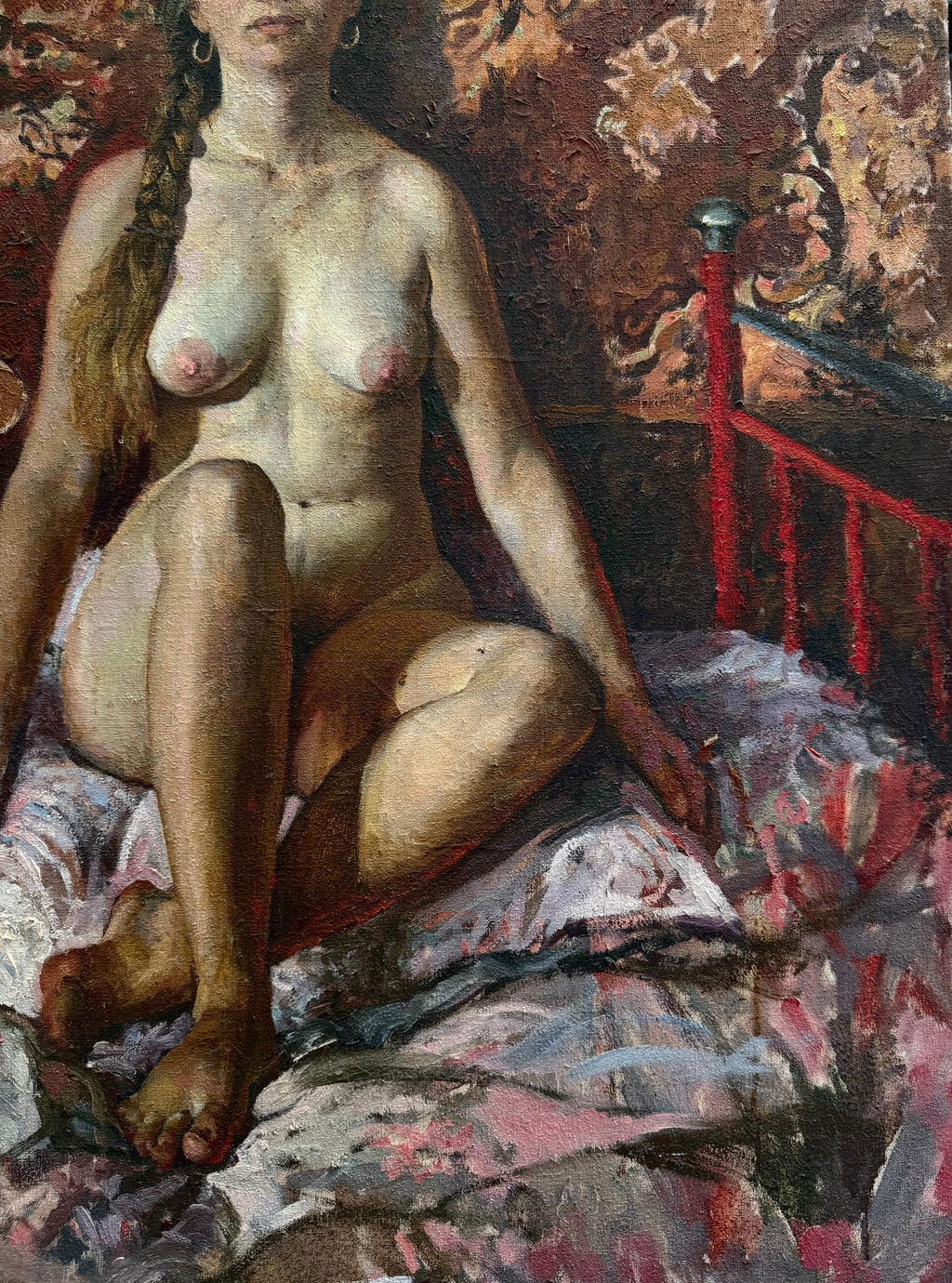 An Oil On Canvas Painting Of a Seated Nude on a Patterned Bed by Viktor Lyapkalo