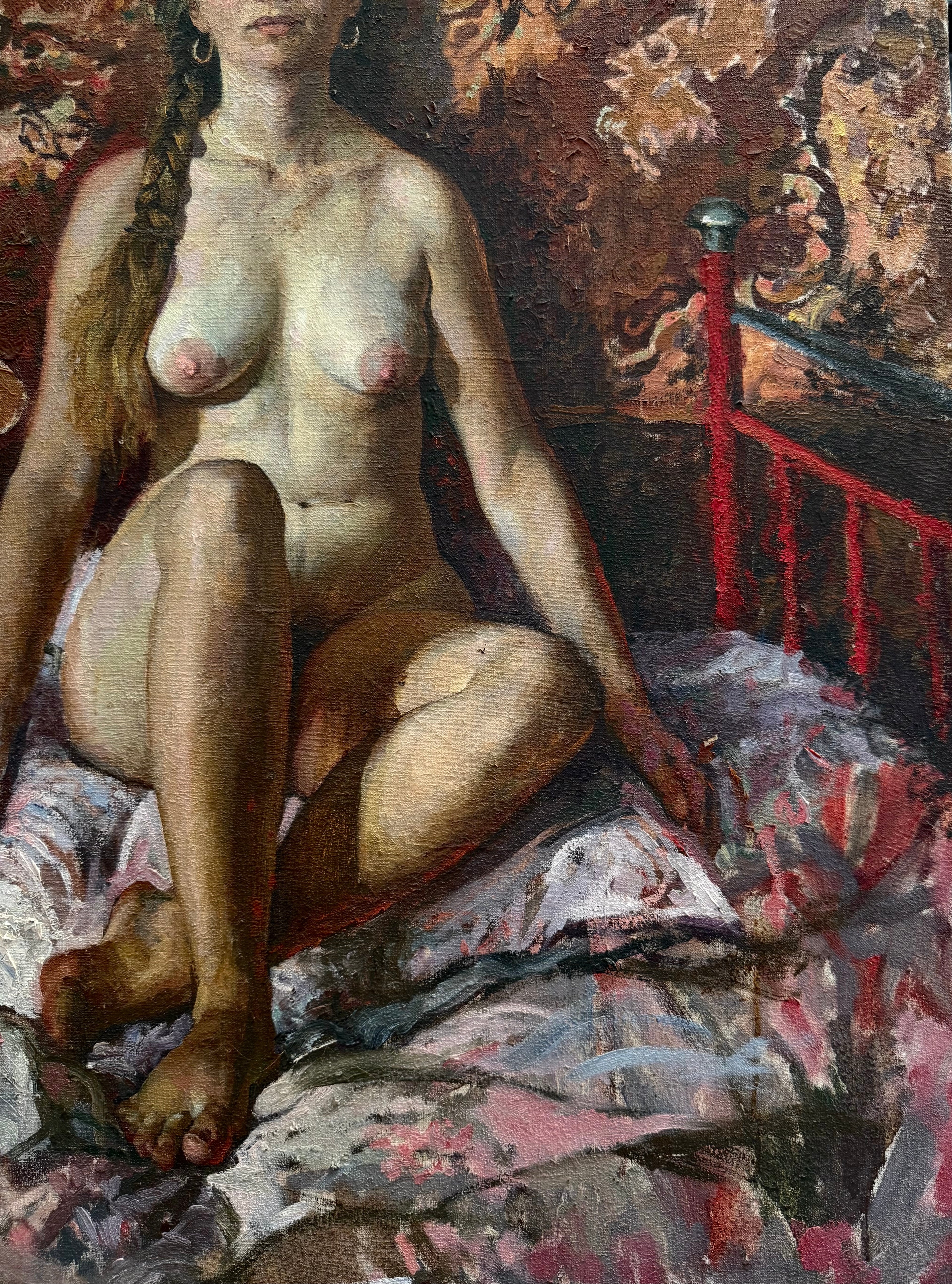 An Oil On Canvas Painting Of a Seated Nude on a Patterned Bed by Viktor Lyapkalo