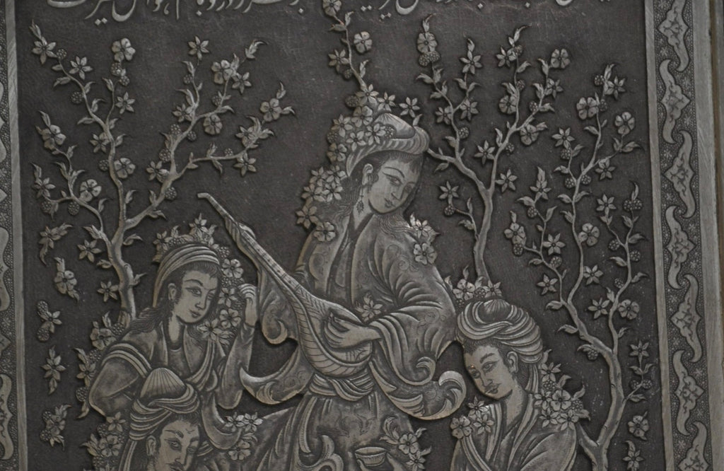 Finely Embossed Persian Silvered Copper Plaque