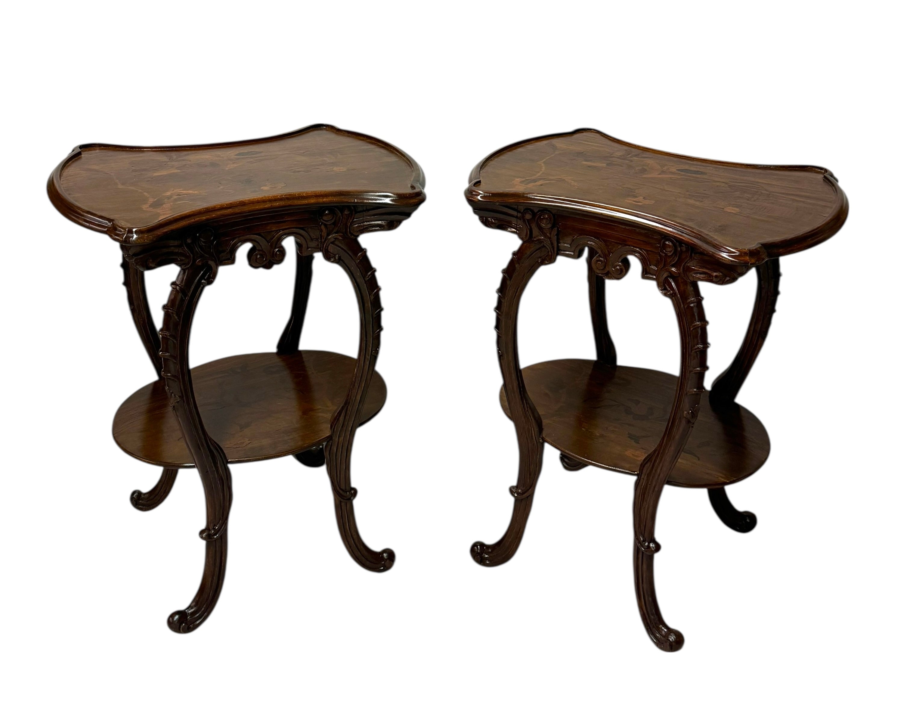 Pair of French Art Nouveau Louis Majorelle Style Inlaid Side Tables