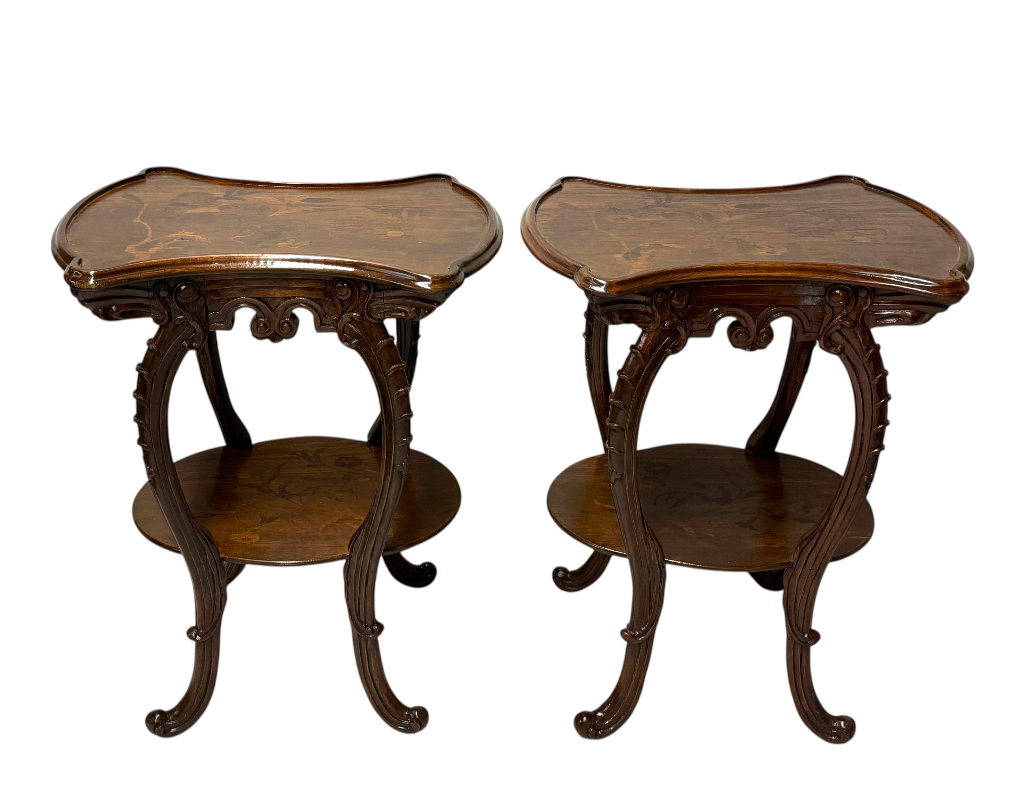 Pair of French Art Nouveau Louis Majorelle Style Inlaid Side Tables