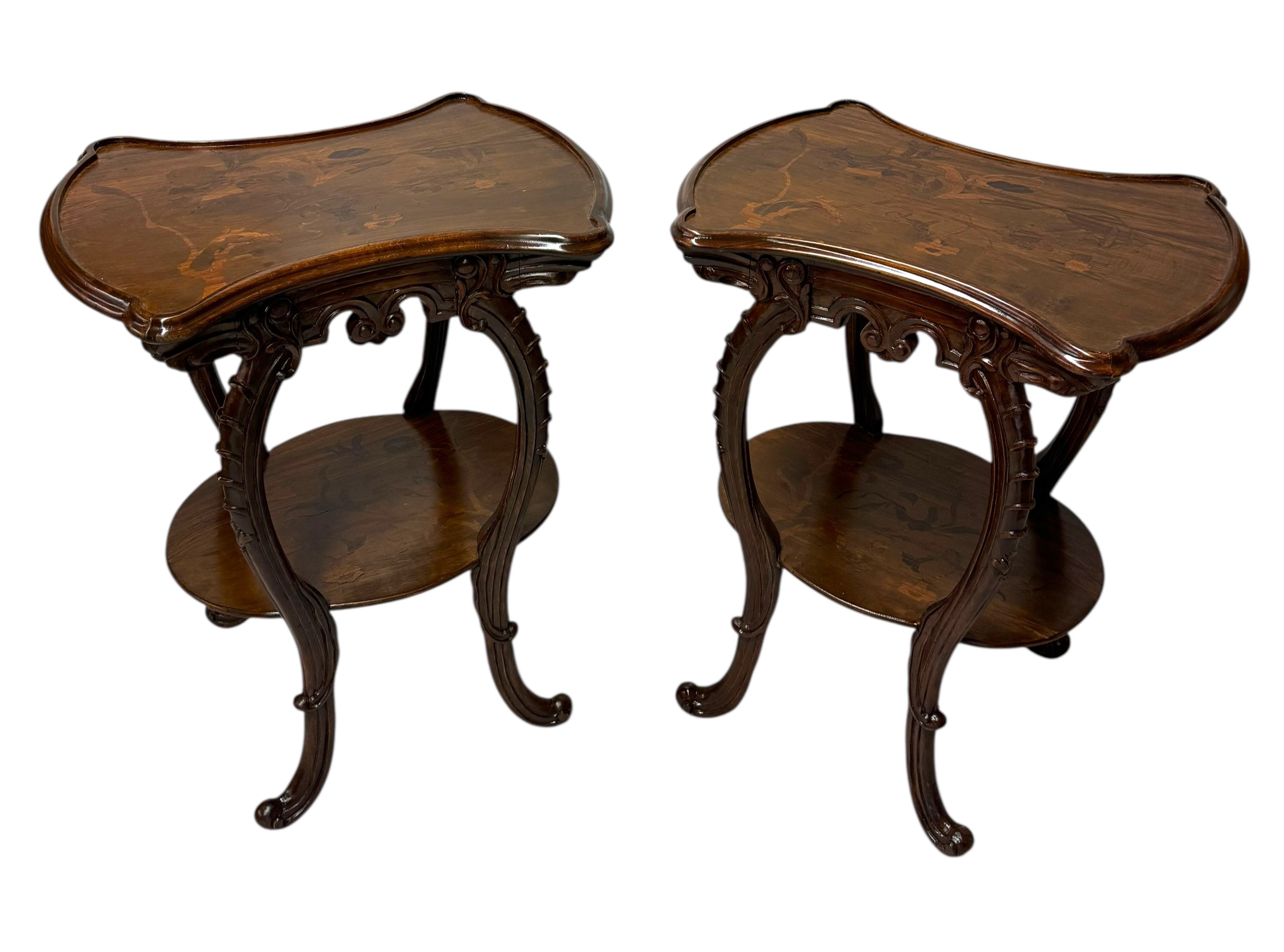Pair of French Art Nouveau Louis Majorelle Style Inlaid Side Tables