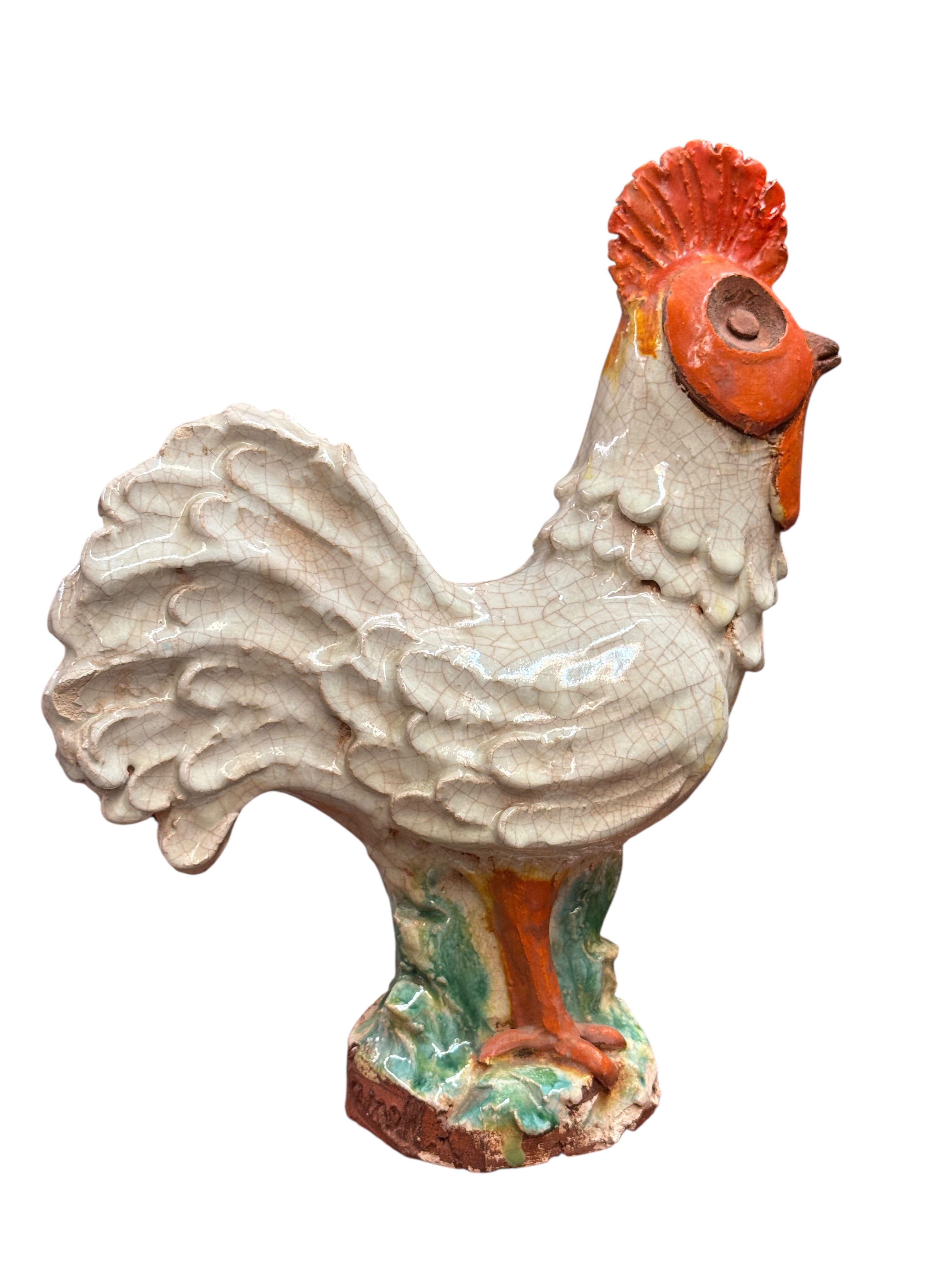 A Rare Art Deco Porcelain Rooster Sculpture by Marjolaine & Luc Lanel