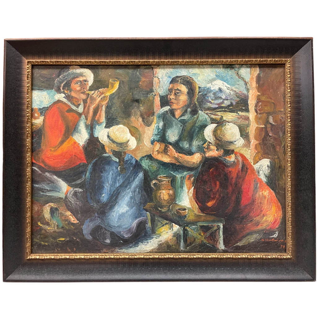 A 20th Century Mexican Oil on Canvas Painting of a Musical Scene, Signed By R. G