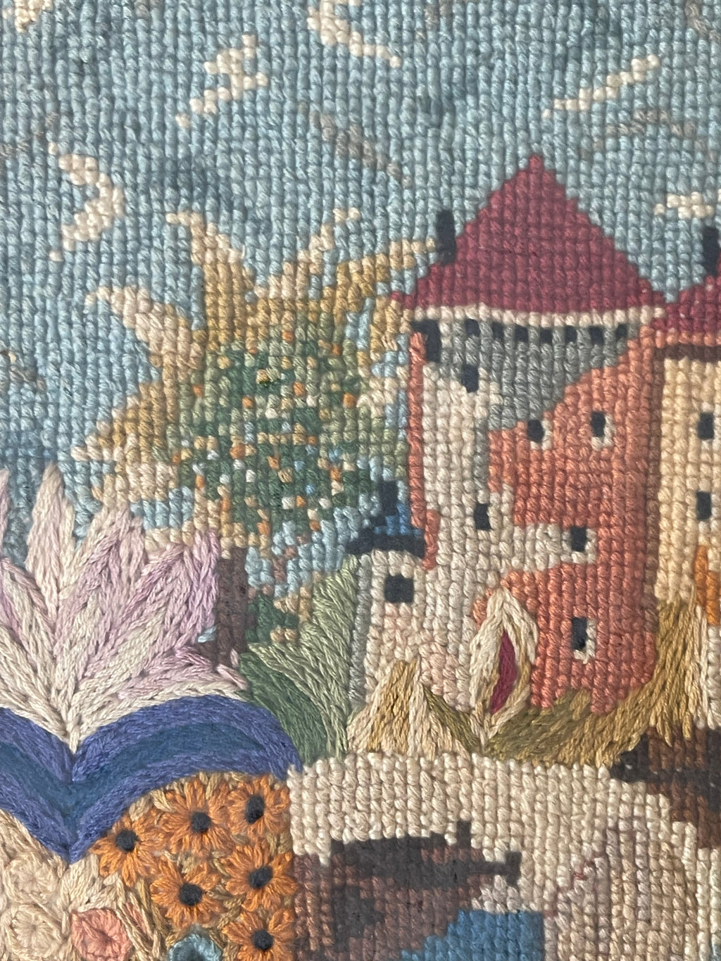 An Antique Knitting Work Landscape View Set in an Ornate Frame