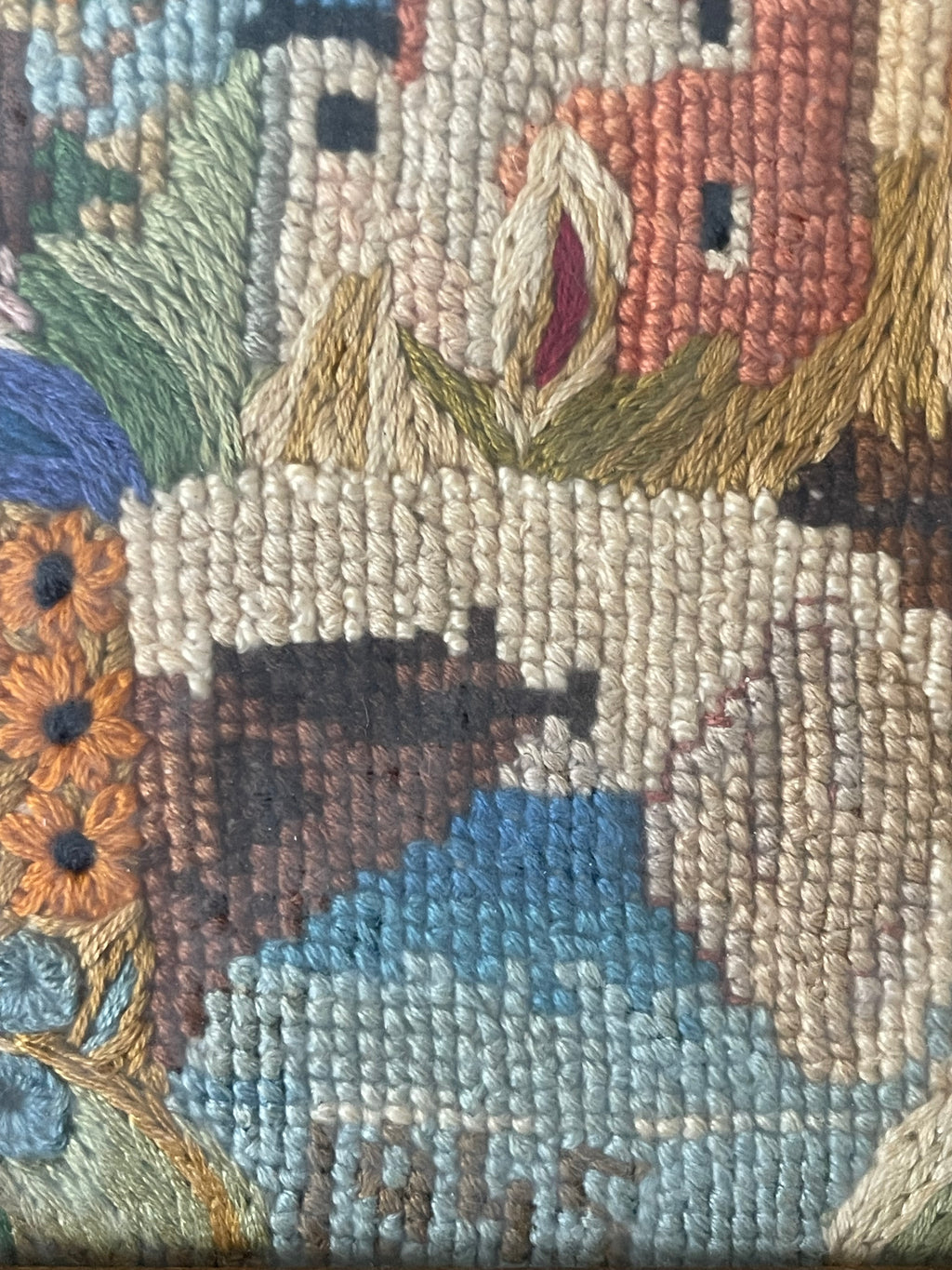 An Antique Knitting Work Landscape View Set in an Ornate Frame