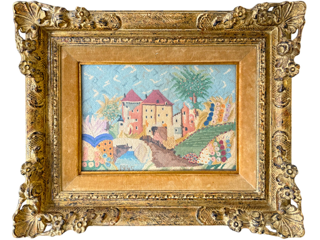 An Antique Knitting Work Landscape View Set in an Ornate Frame