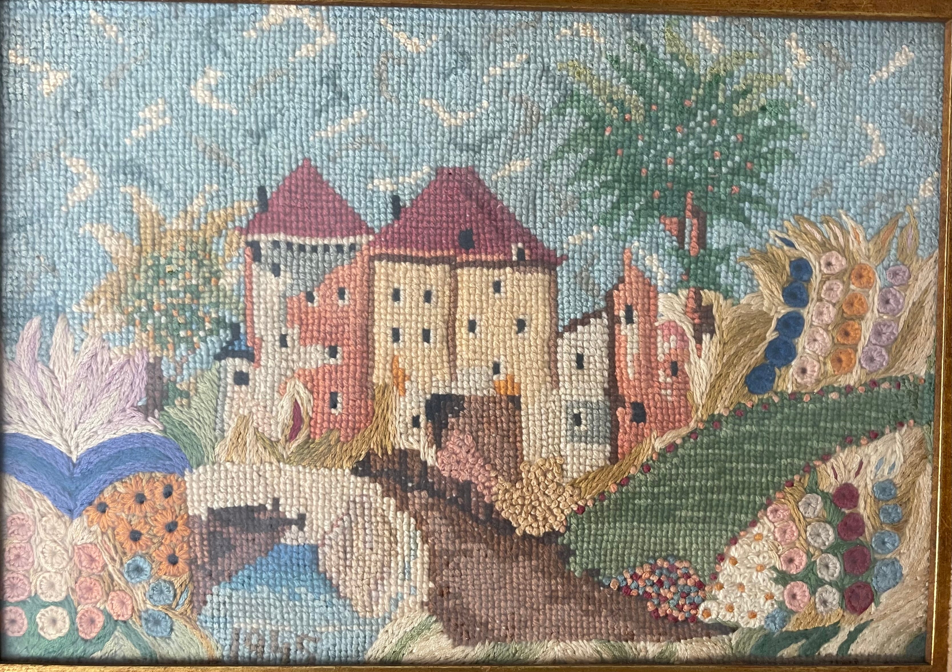 An Antique Knitting Work Landscape View Set in an Ornate Frame