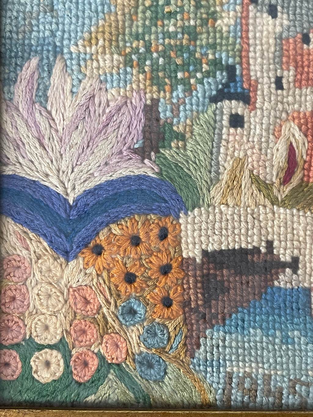 An Antique Knitting Work Landscape View Set in an Ornate Frame