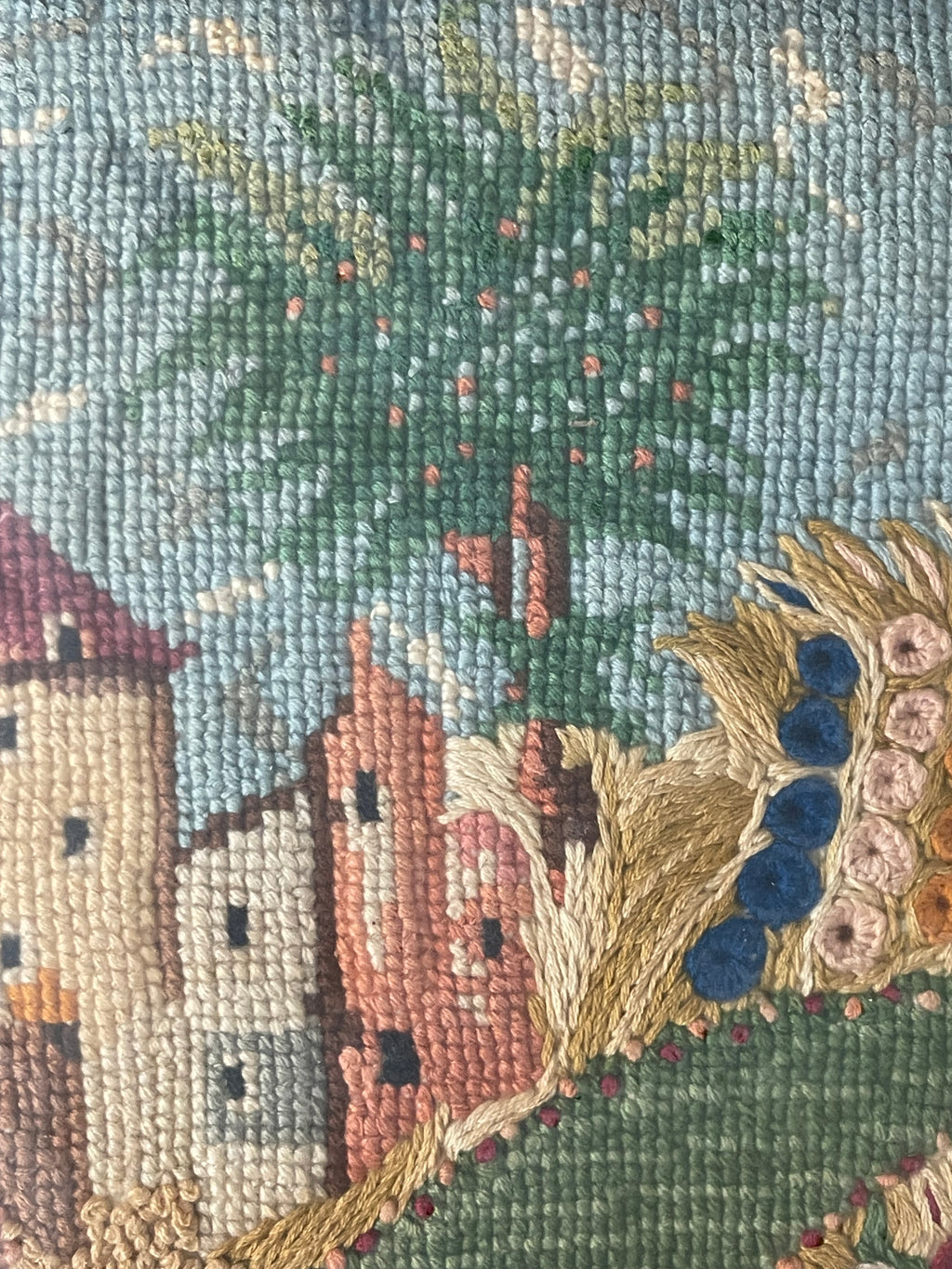 An Antique Knitting Work Landscape View Set in an Ornate Frame