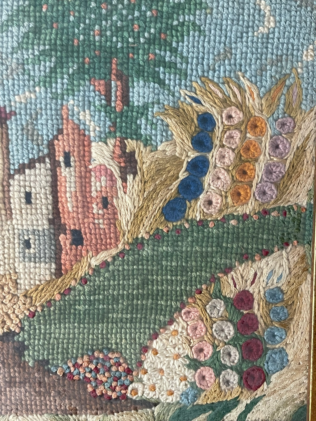 An Antique Knitting Work Landscape View Set in an Ornate Frame