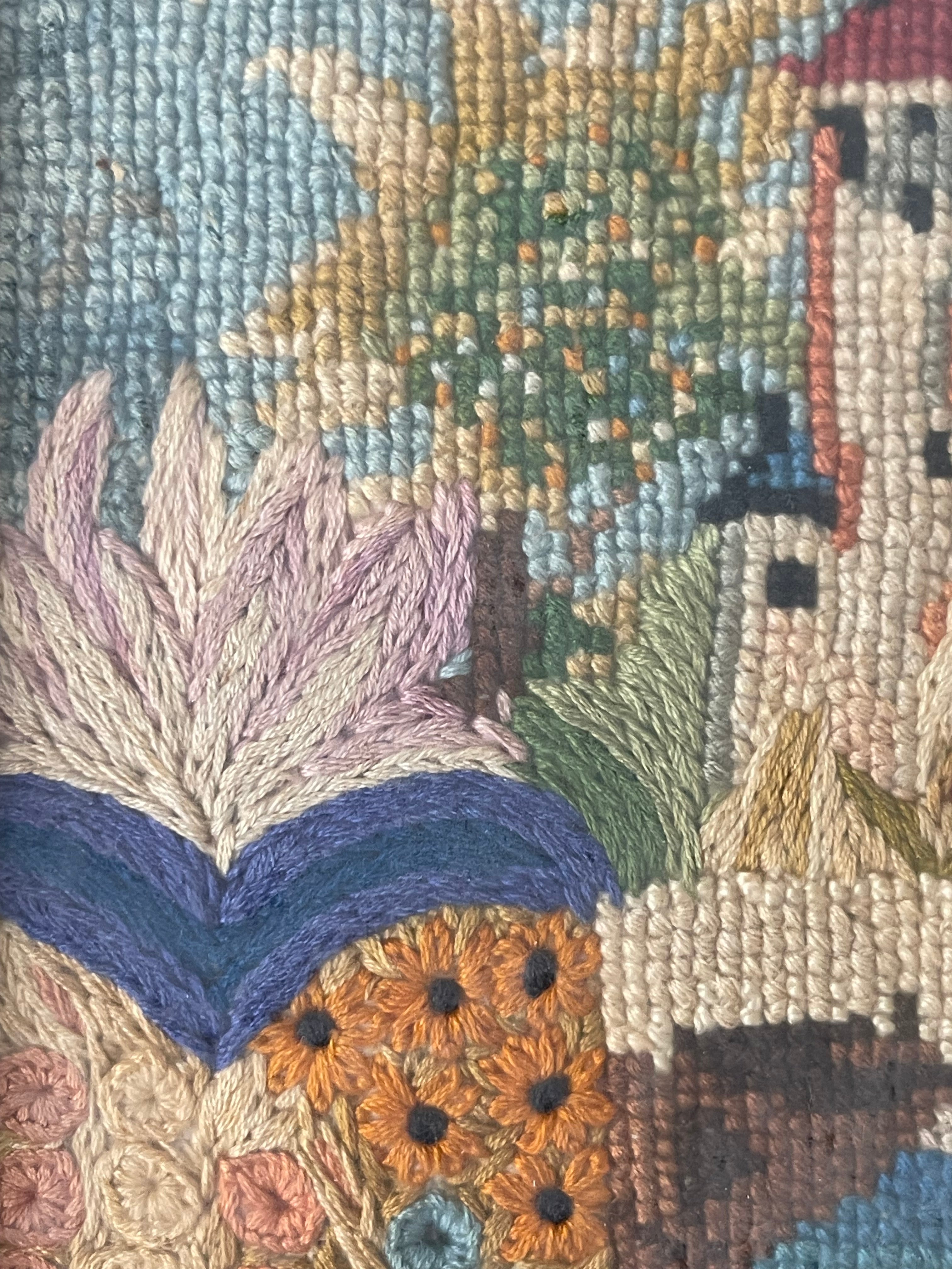 An Antique Knitting Work Landscape View Set in an Ornate Frame