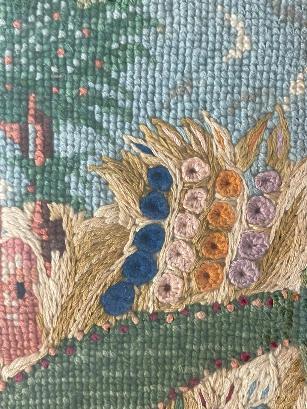 An Antique Knitting Work Landscape View Set in an Ornate Frame