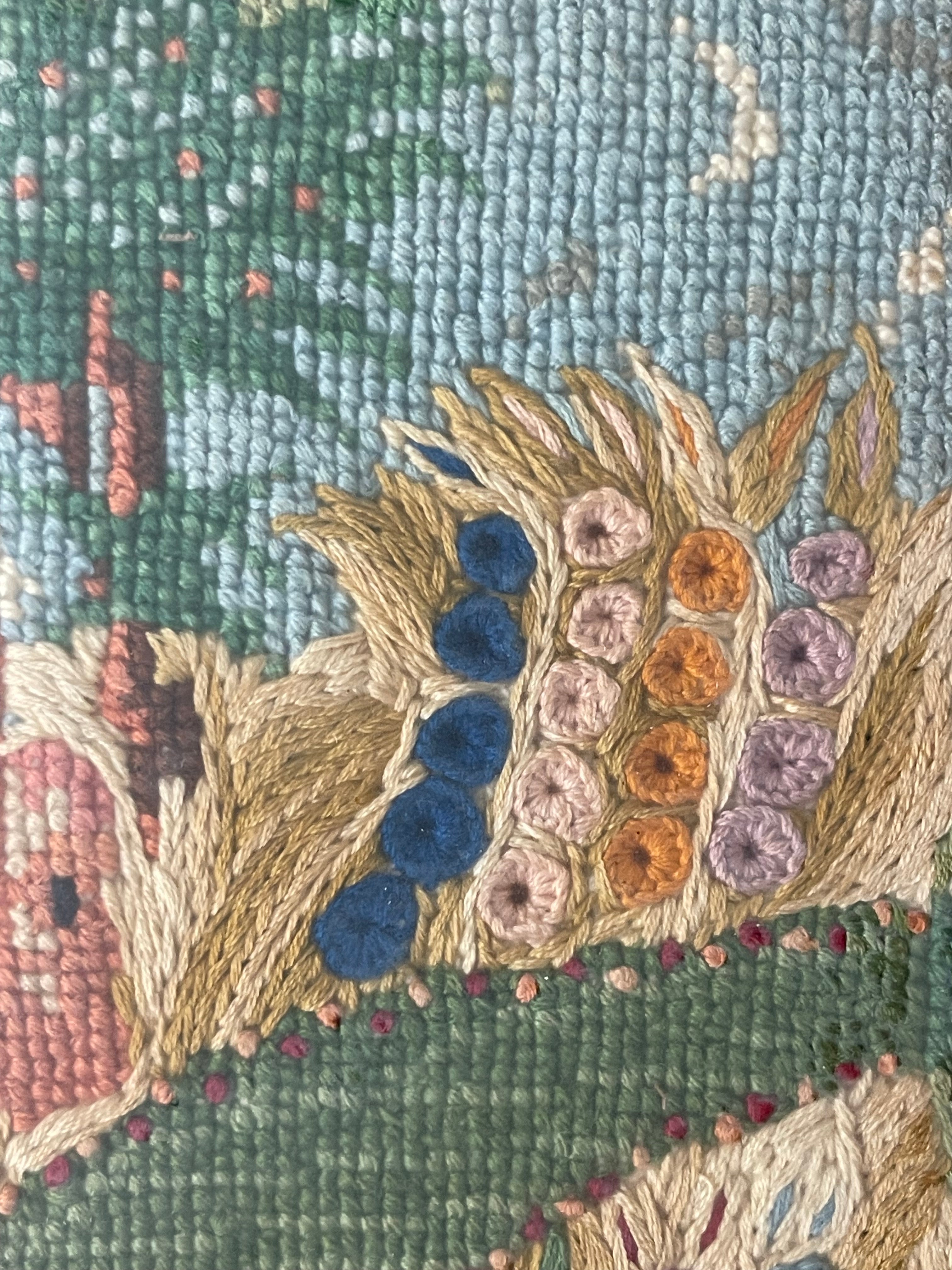 An Antique Knitting Work Landscape View Set in an Ornate Frame