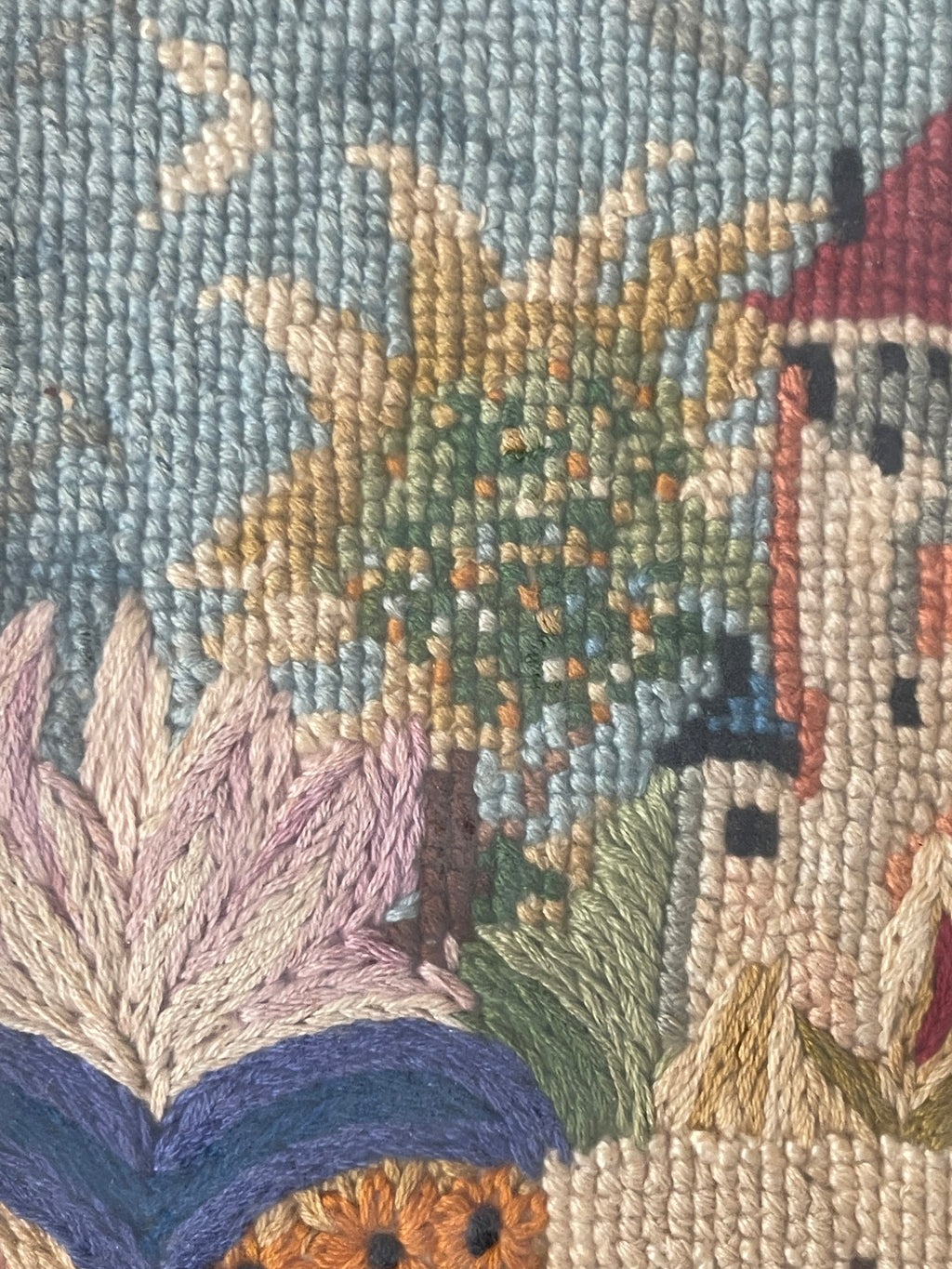 An Antique Knitting Work Landscape View Set in an Ornate Frame