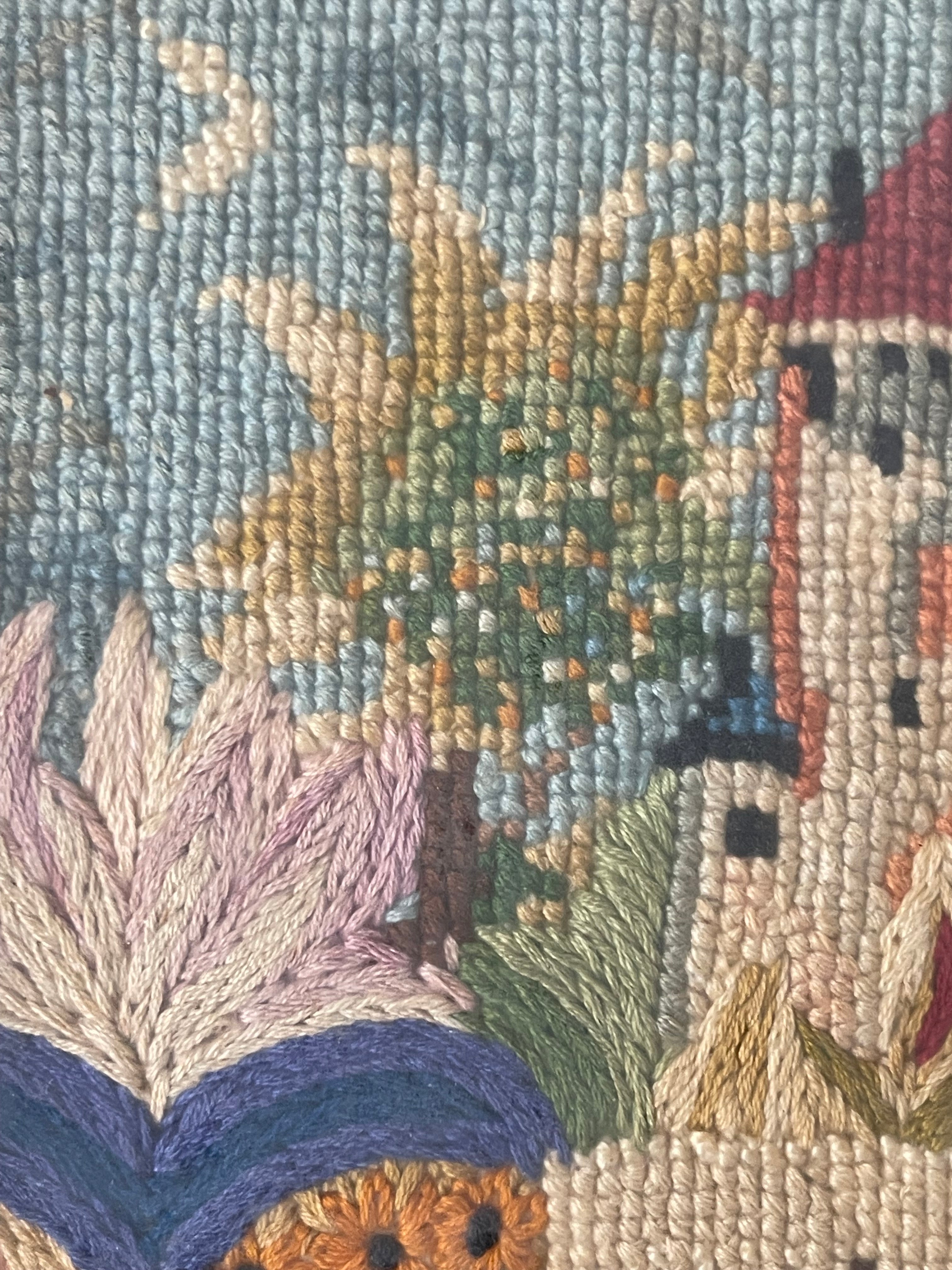 An Antique Knitting Work Landscape View Set in an Ornate Frame