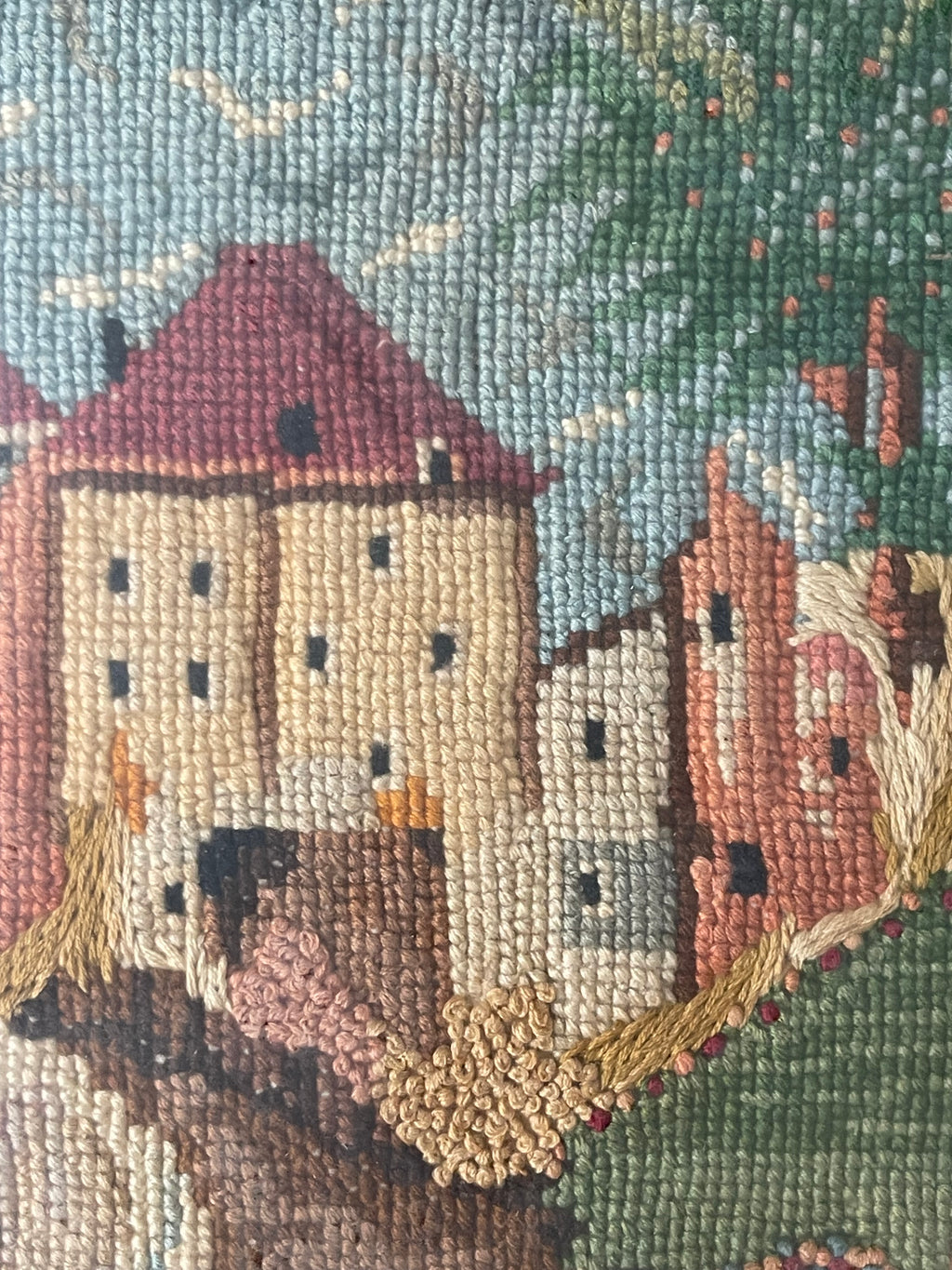 An Antique Knitting Work Landscape View Set in an Ornate Frame